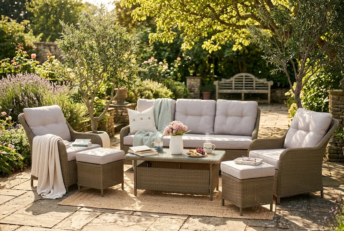 A lifestyle image of the Howth corner chaise with the Kenzy stripe rmug.