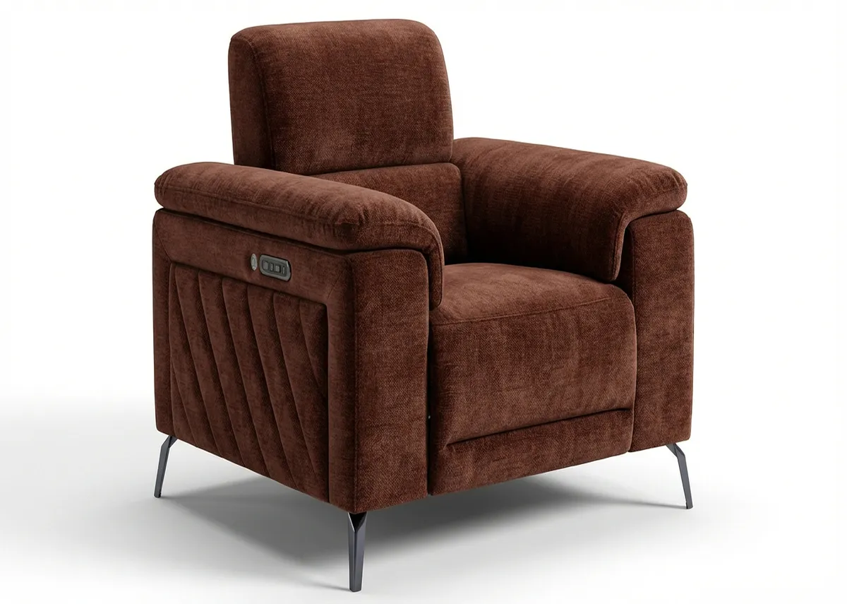 A rust fabric power recliner from EZ Livings Paige Range. Angled View
