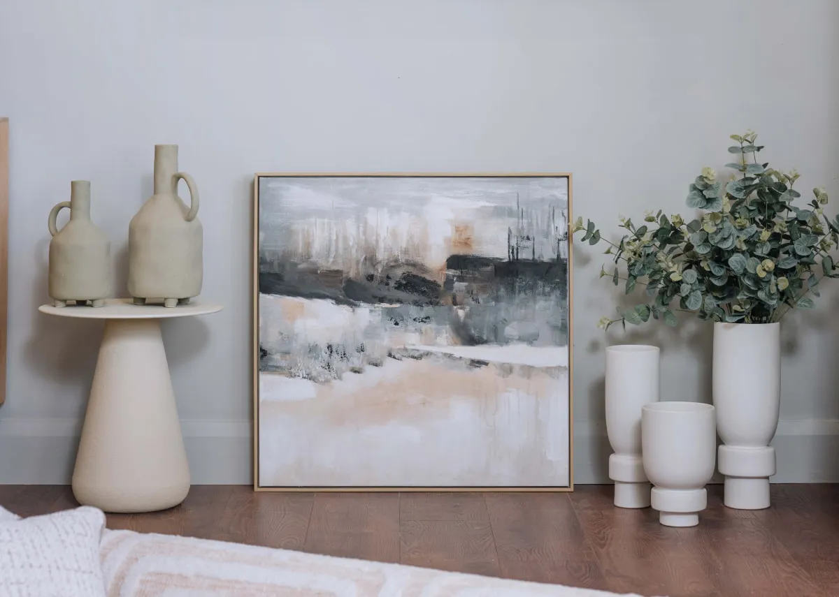 A lifestyle image of the Misty canvas with Rossion vases