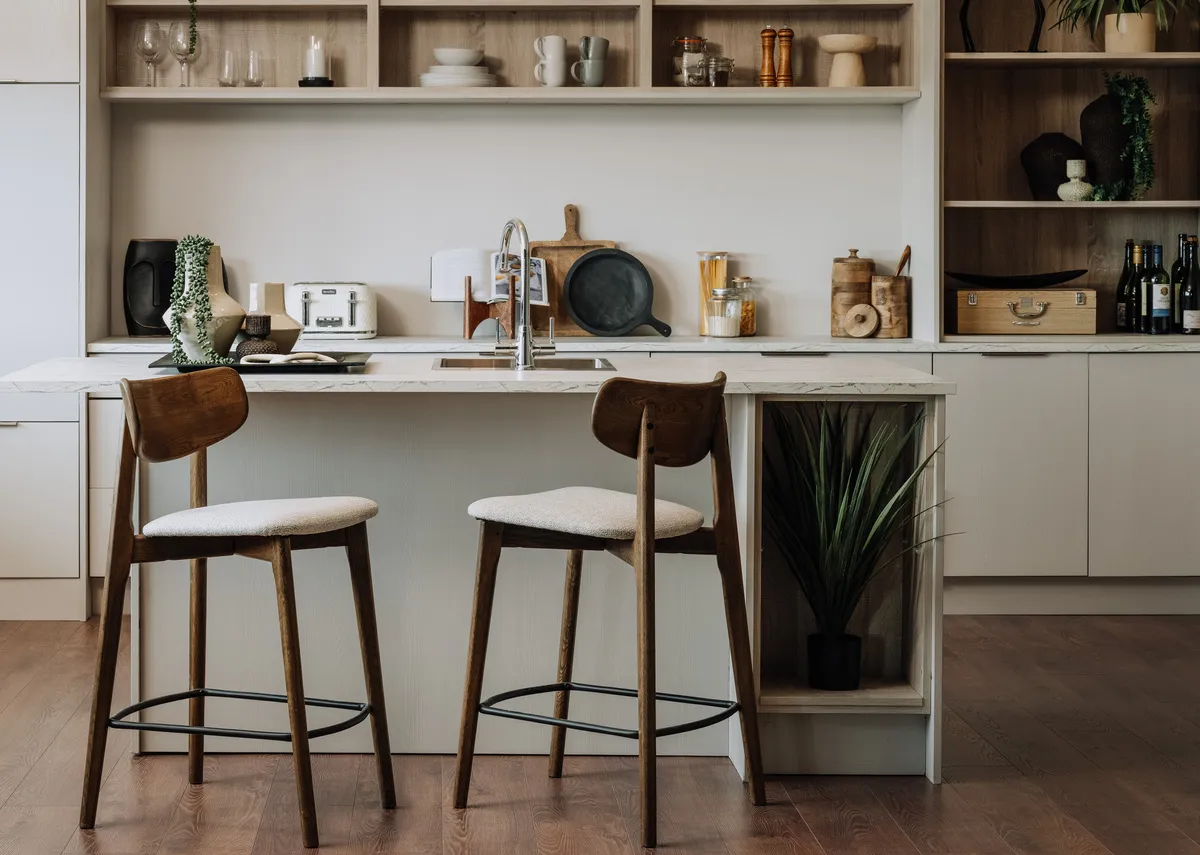 A lifestyle image of the Bari oak stool with