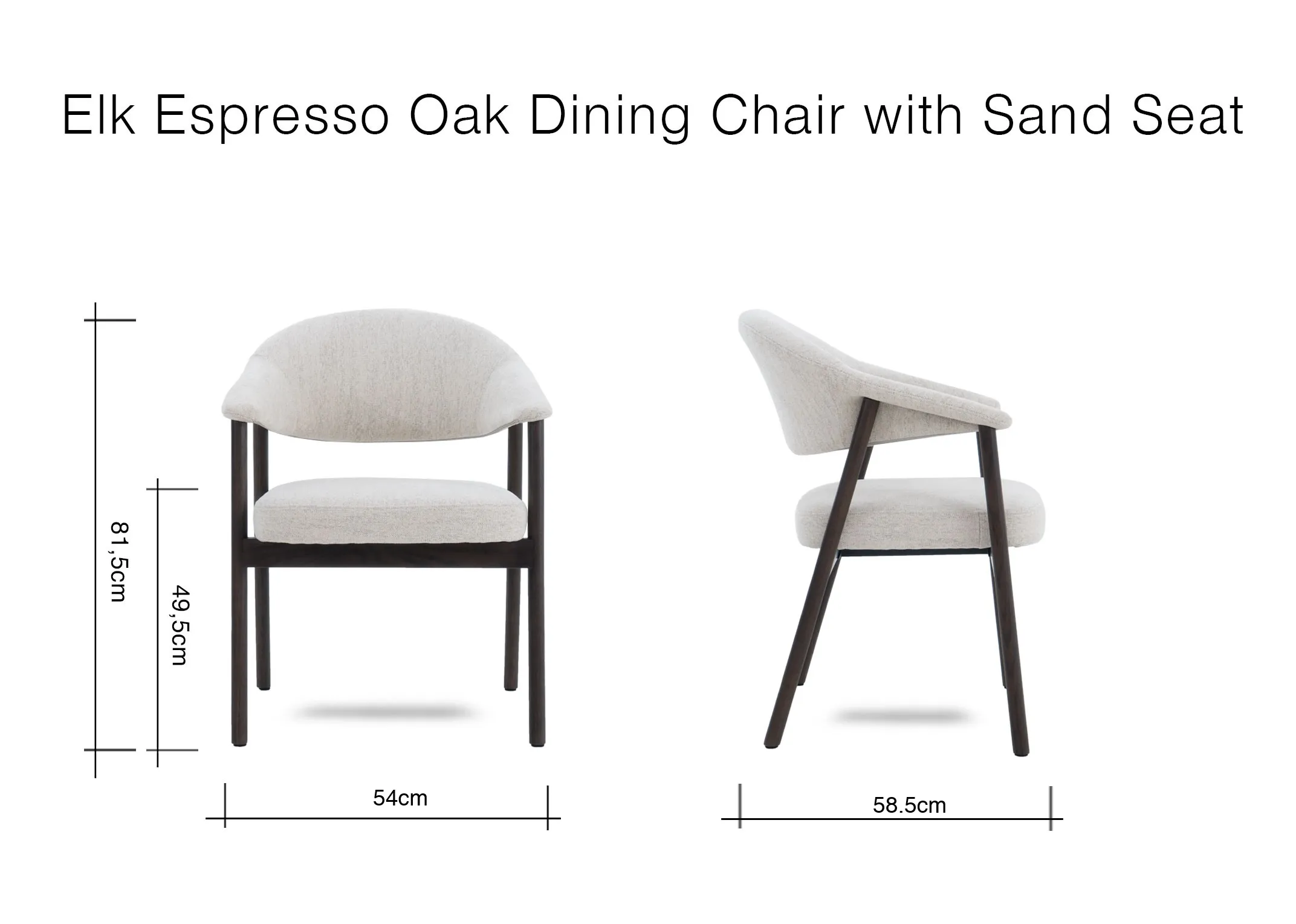 A dimension image of the Elk dining chair with 58.5cm x 54cm x 81.5cm