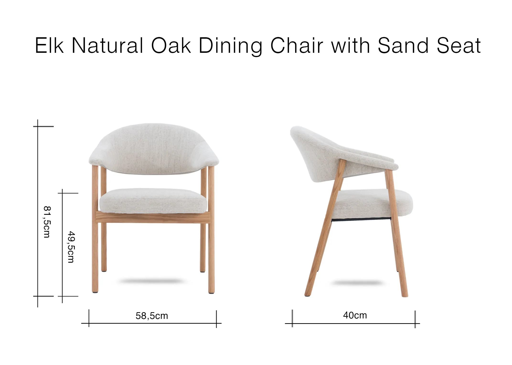 A dimension image of the Elk natural dining chair with 58.5cm x 40cm x 81.5cm