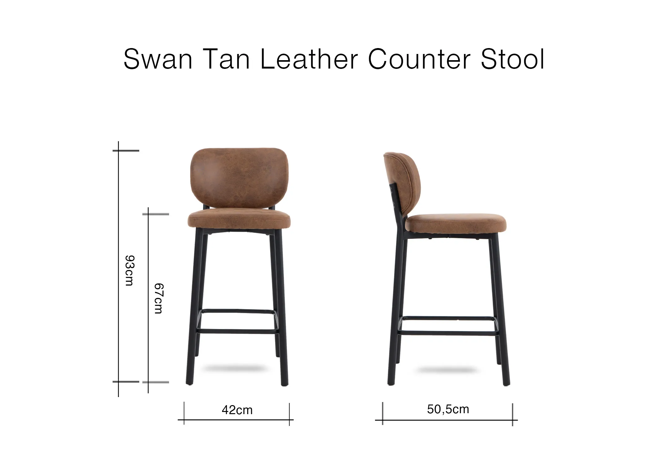 A dimension image of the Swan Bar Stool with 42cm x 50.5cm x 93cm 