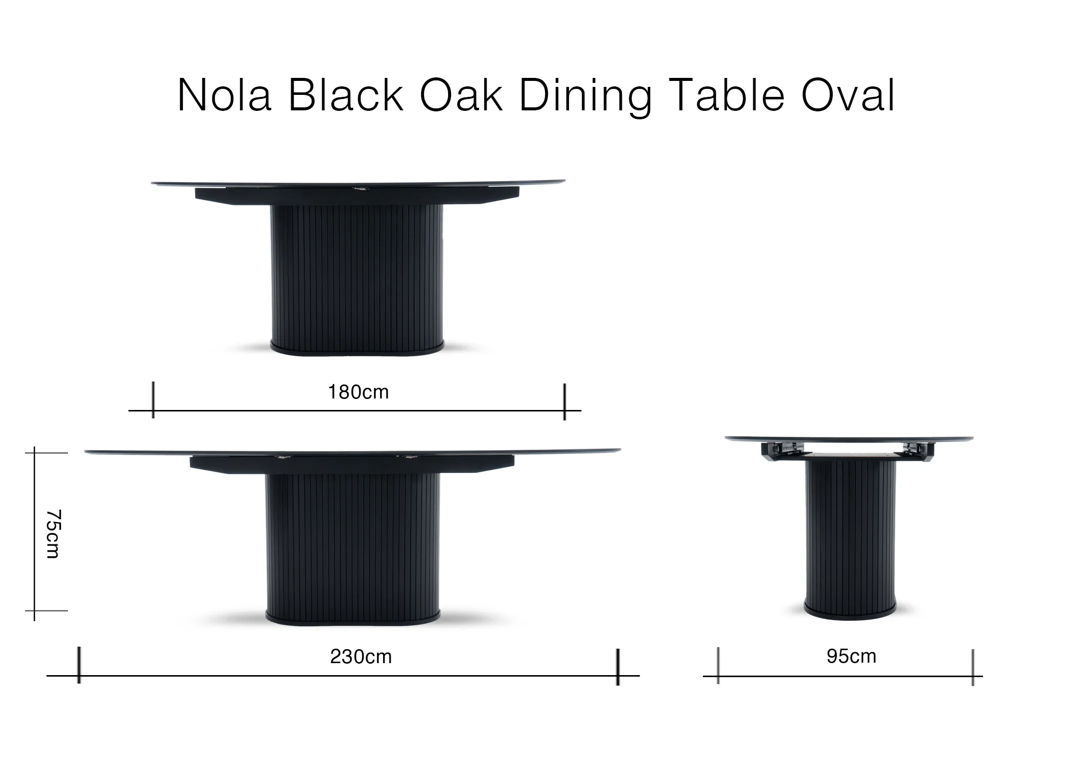 A dimension image of the Nola Black Extendable dining table with 180cm-230cm x 75cm