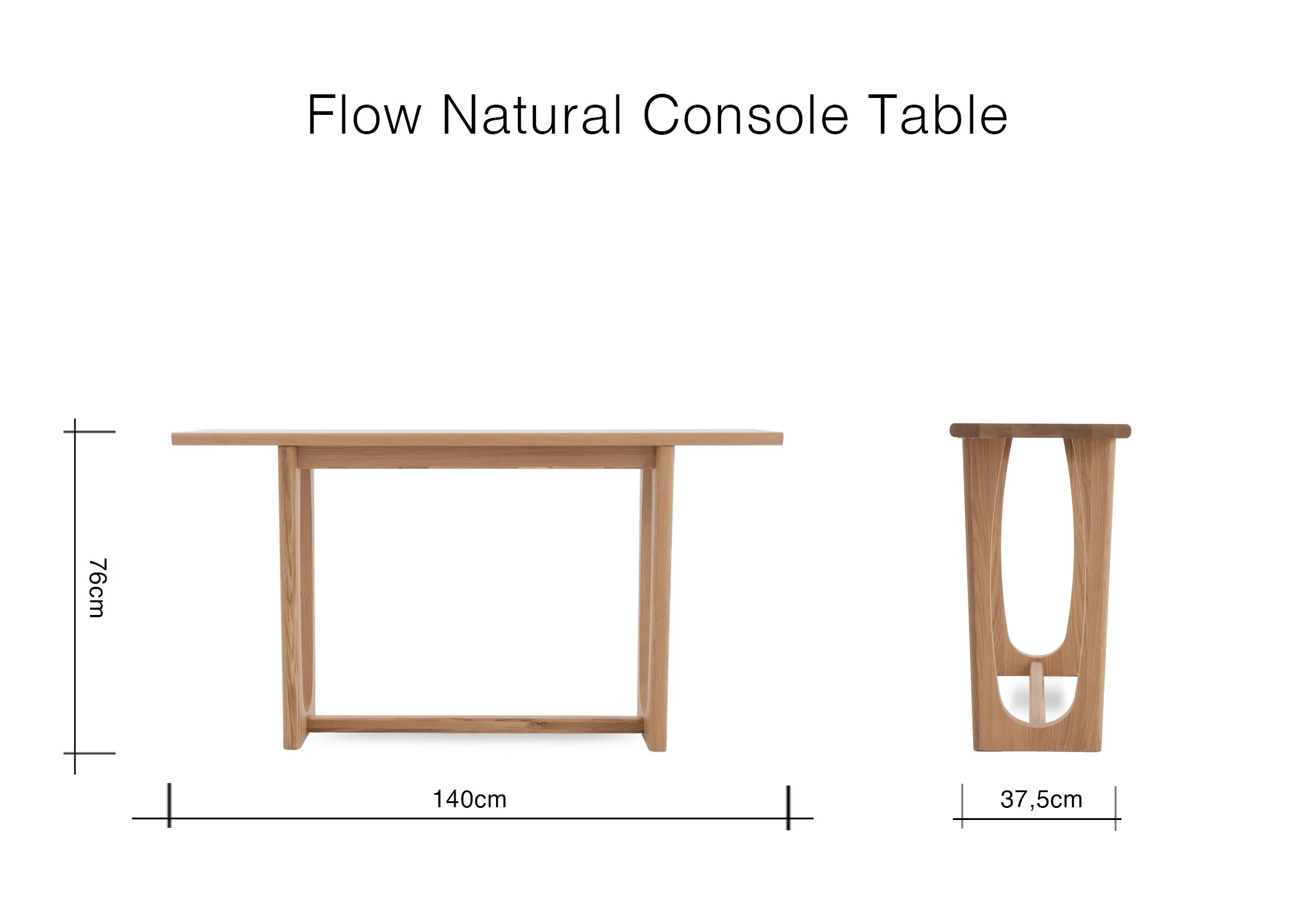 A dimension image of the Flow Natural Console table with 140cm x 37.5cm x 75cm