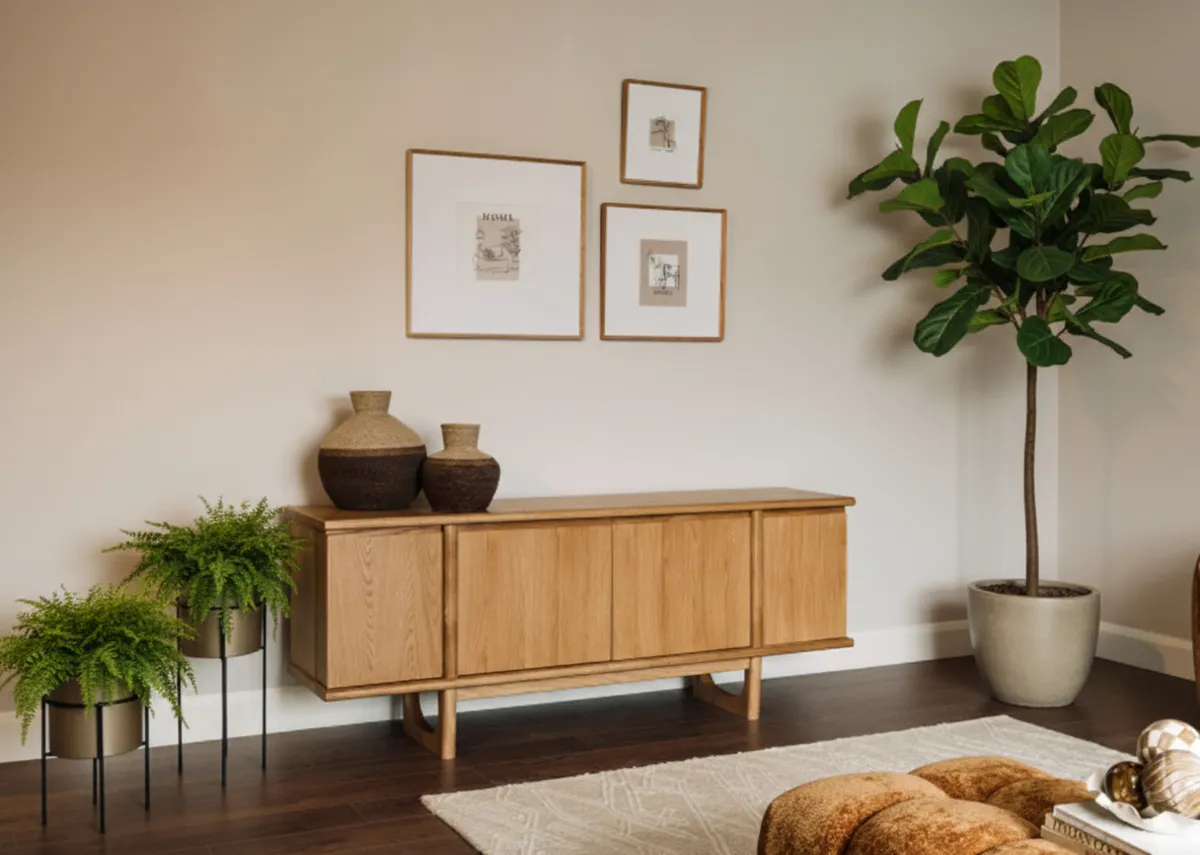 A lifetsyle image of the Flow sideboard closed with Myla photo frames