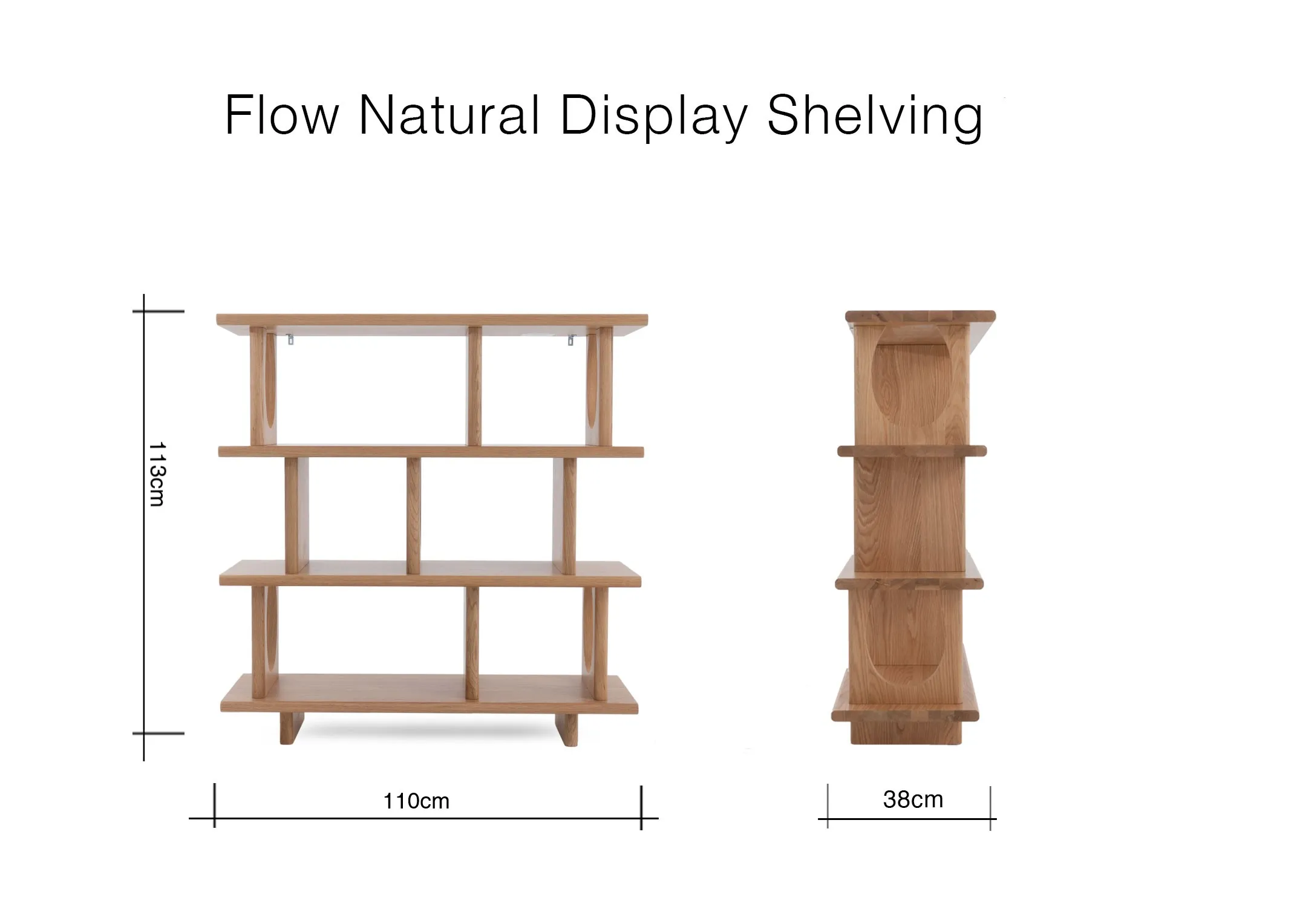 A dimension image of the Flow Natural display with 100cm  x 38cm x 113cm