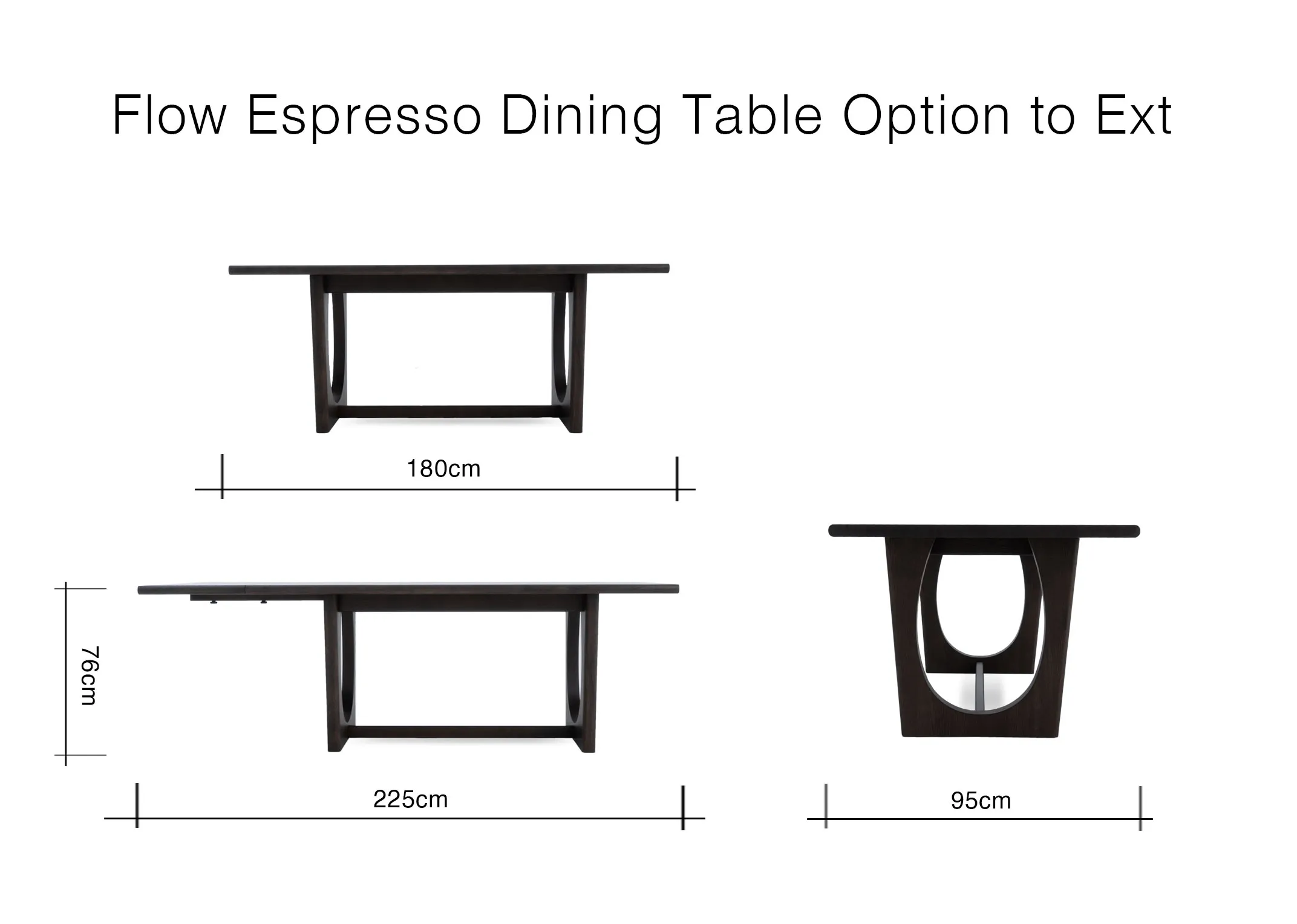 A dimension image of the Flow Espresso dining table with 200cm - 225cm Width and