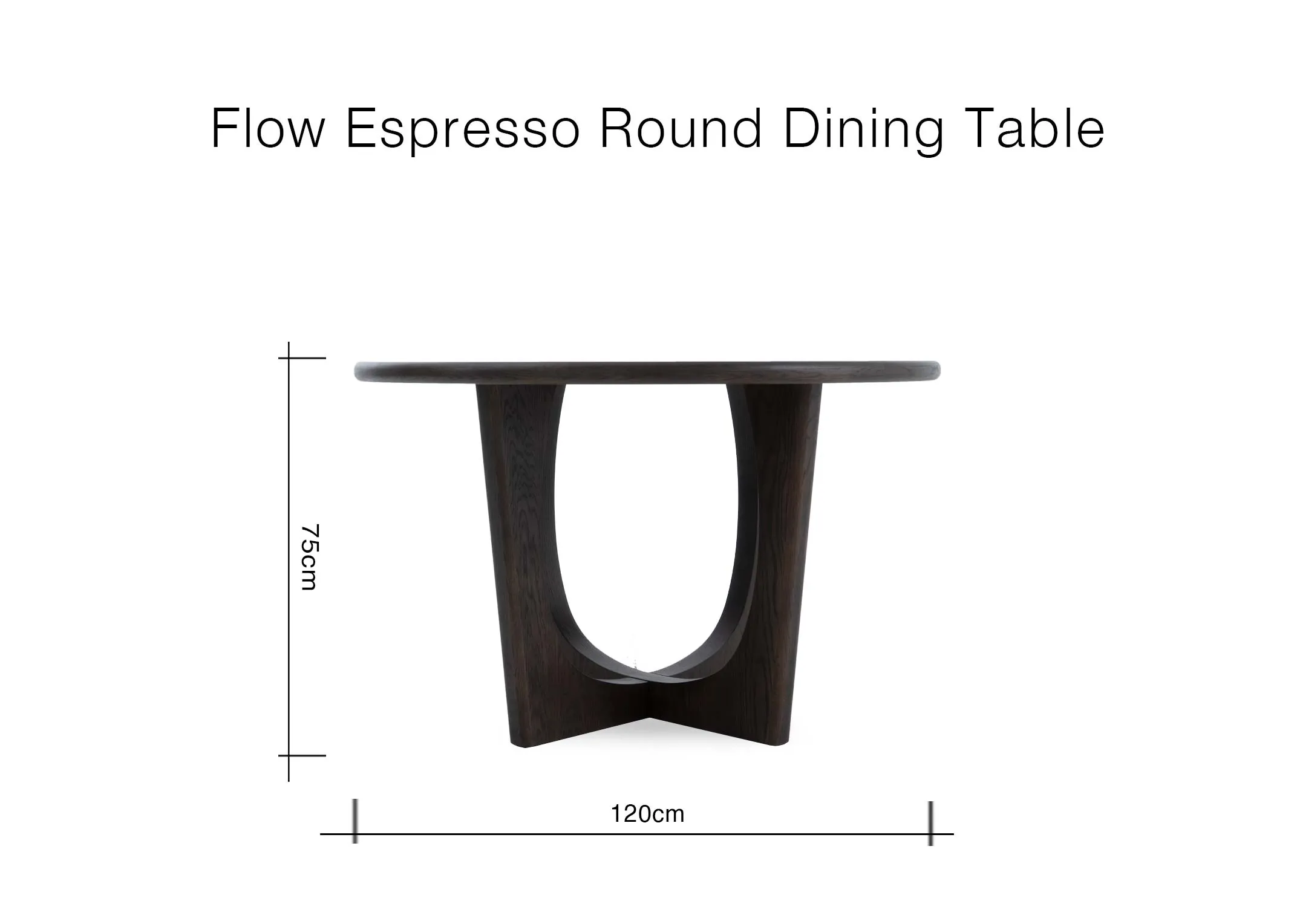 A dimension image of the Flow dining table with 120cm x 75cm