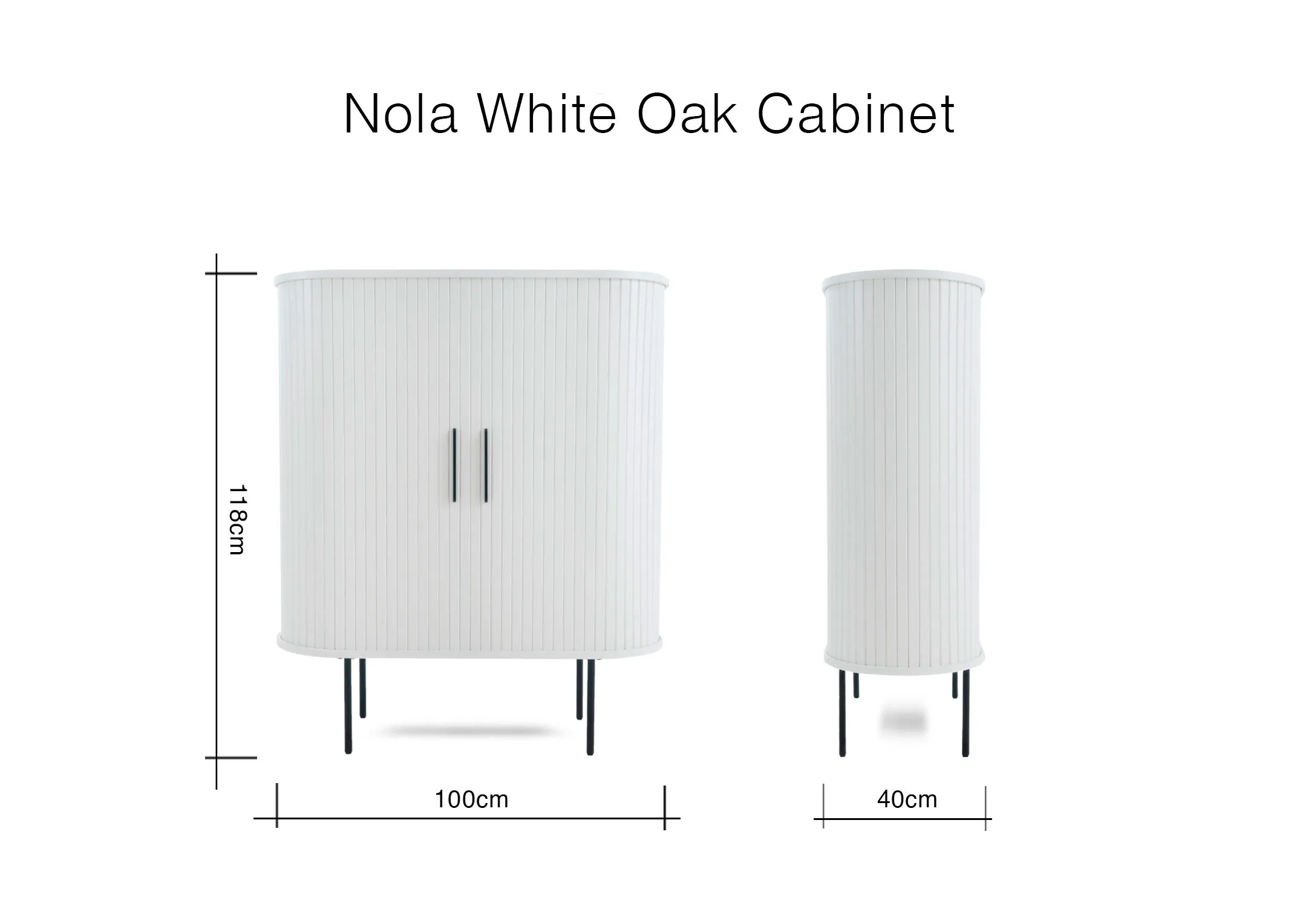 A dimension image of the Nola Cabinet with 100cm x 40cm x 118cm