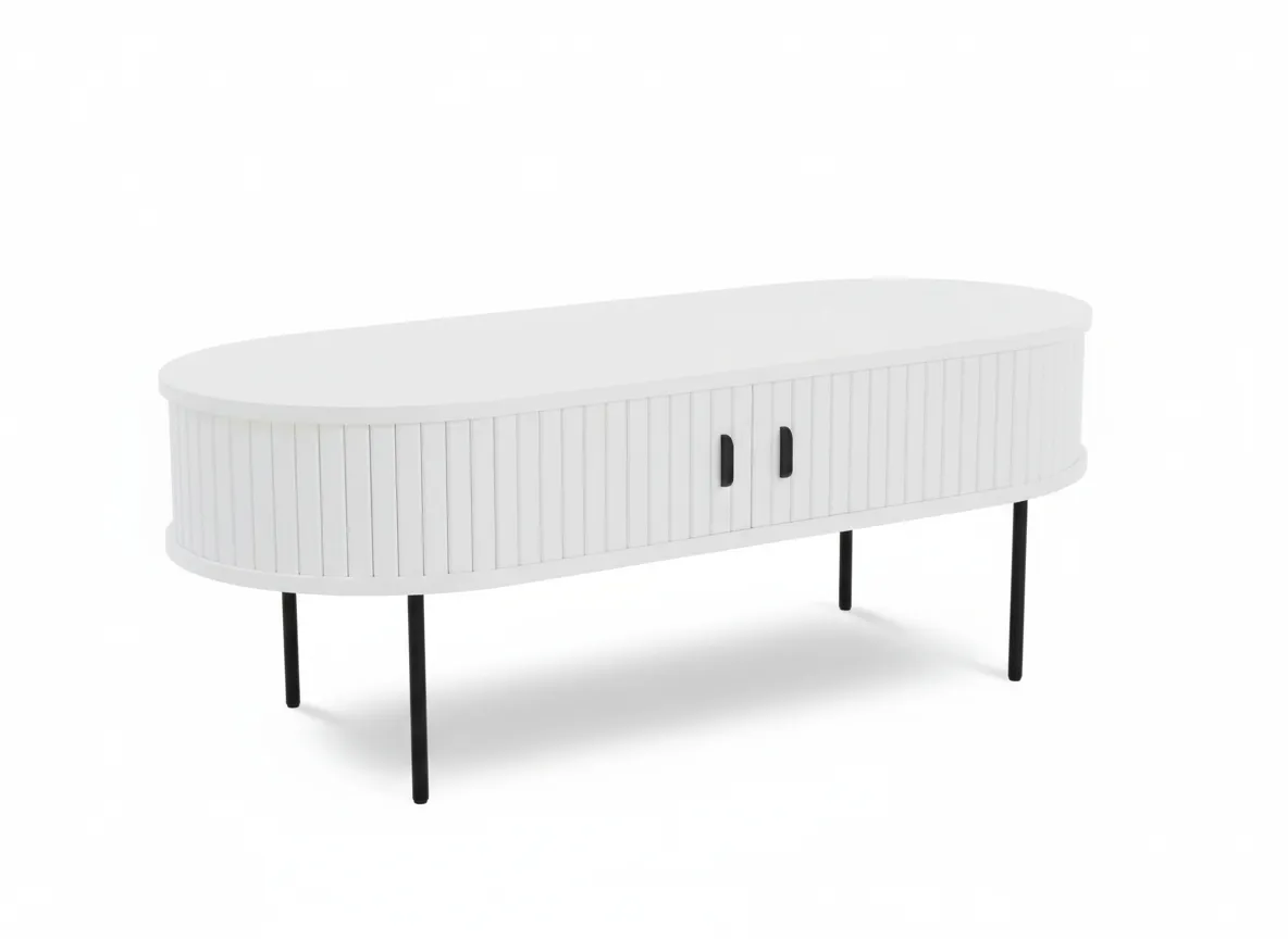 A white oval coffee table with a slatted design on its doors and black legs presented in an angled view.