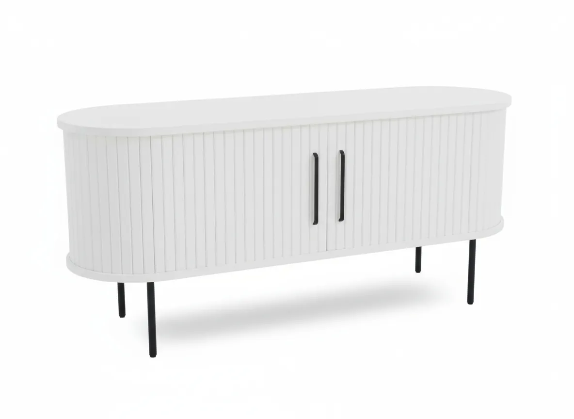 A white oval coffee table with a slatted design on its doors and black legs presented in an angled view.
