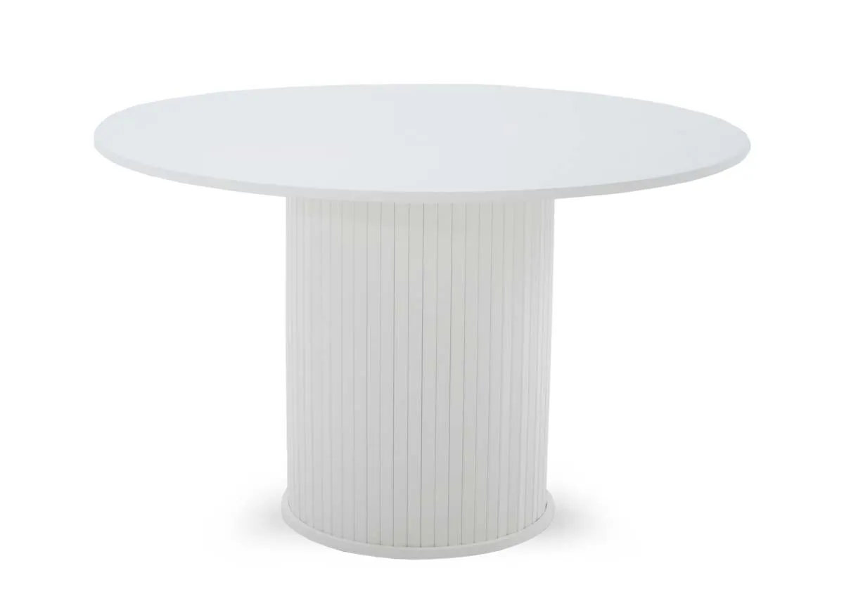 A white round dining table with a thick cylindrical fluted base standing on a white background.