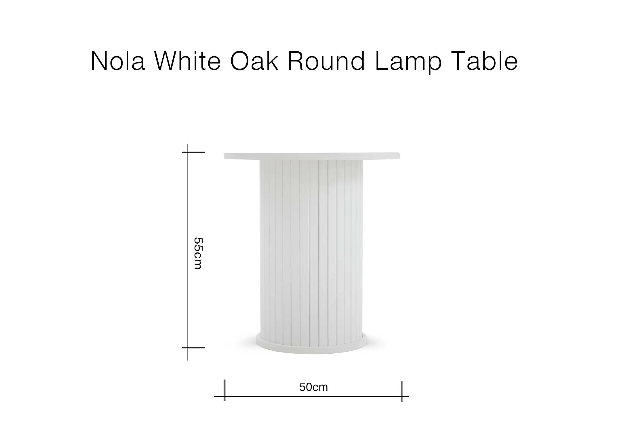 A front view of the white round lamp table with its dimensions indicated 50cm wide and 55cm high.