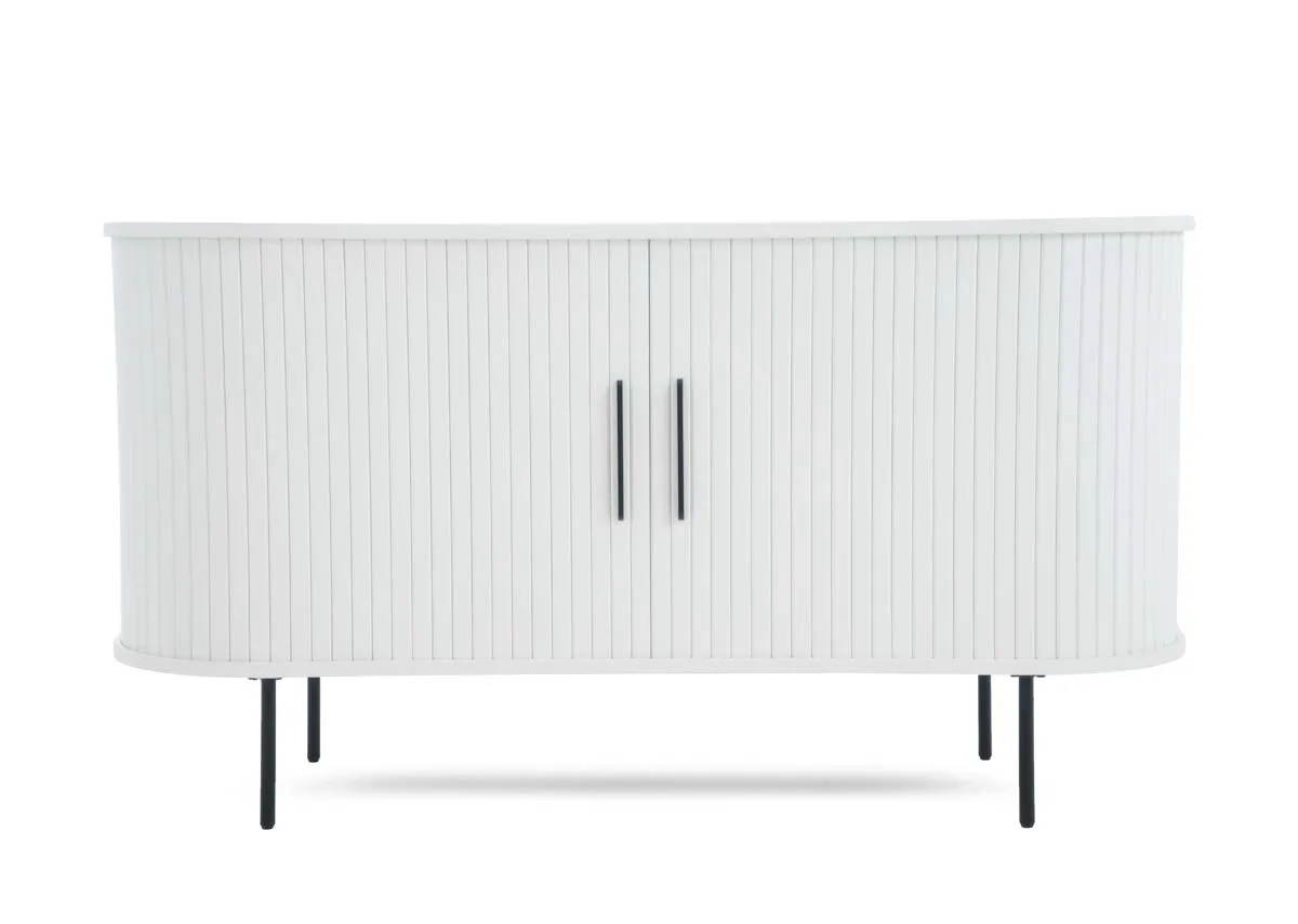 A white oak tambour sideboard with two closed doors and dark vertical bar handles supported by slender dark legs.