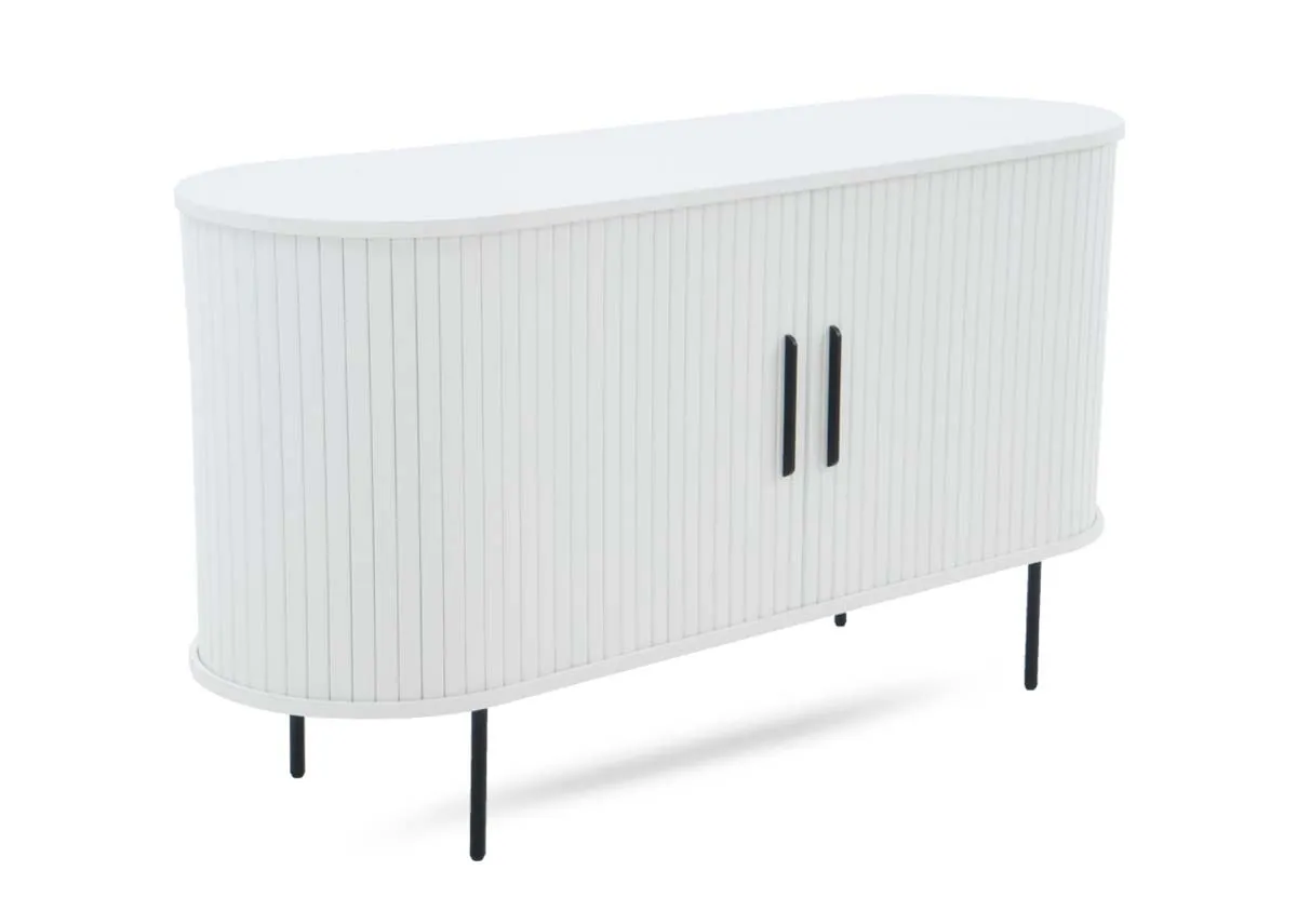 A white oak tambour sideboard shown from an angle featuring a slatted exterior two closed doors and dark support legs.