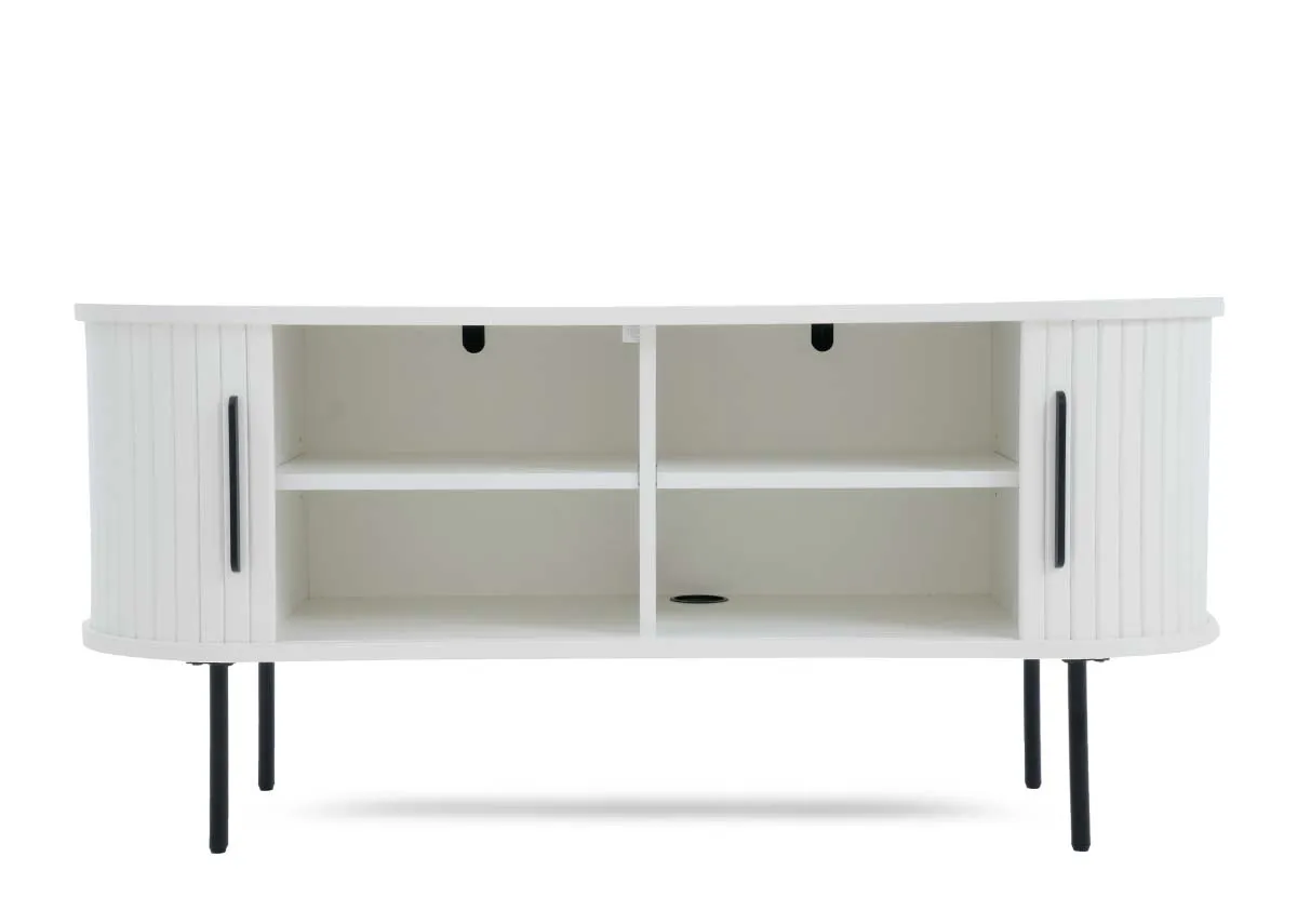 A white tambour TV unit with curved sliding doors open revealing four storage compartments with shelves and cable holes.