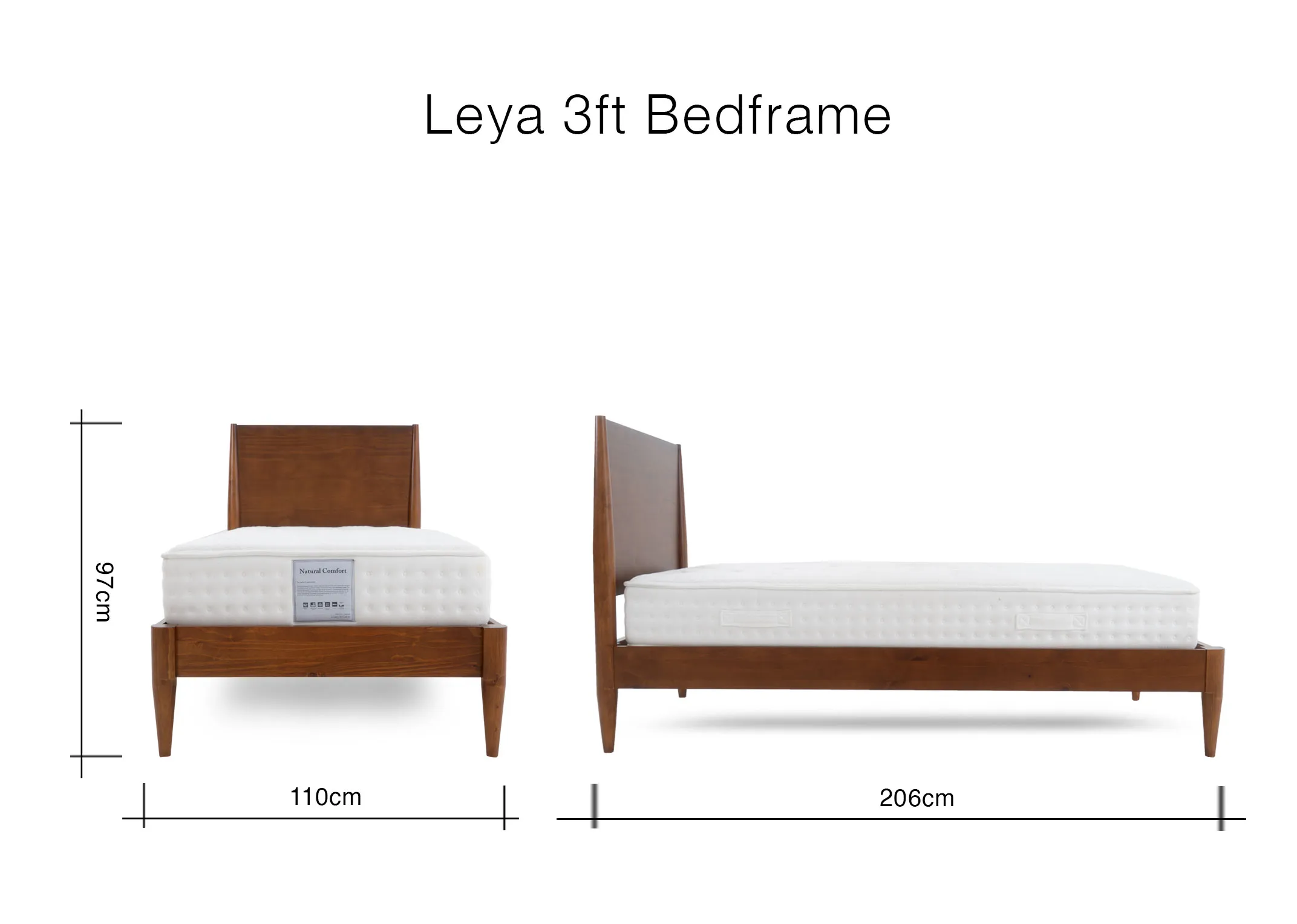 Diagram showing the front and side dimensions of a wooden bed frame with a mattress. The frame is 97cm high 110cm wide and 206cm long.