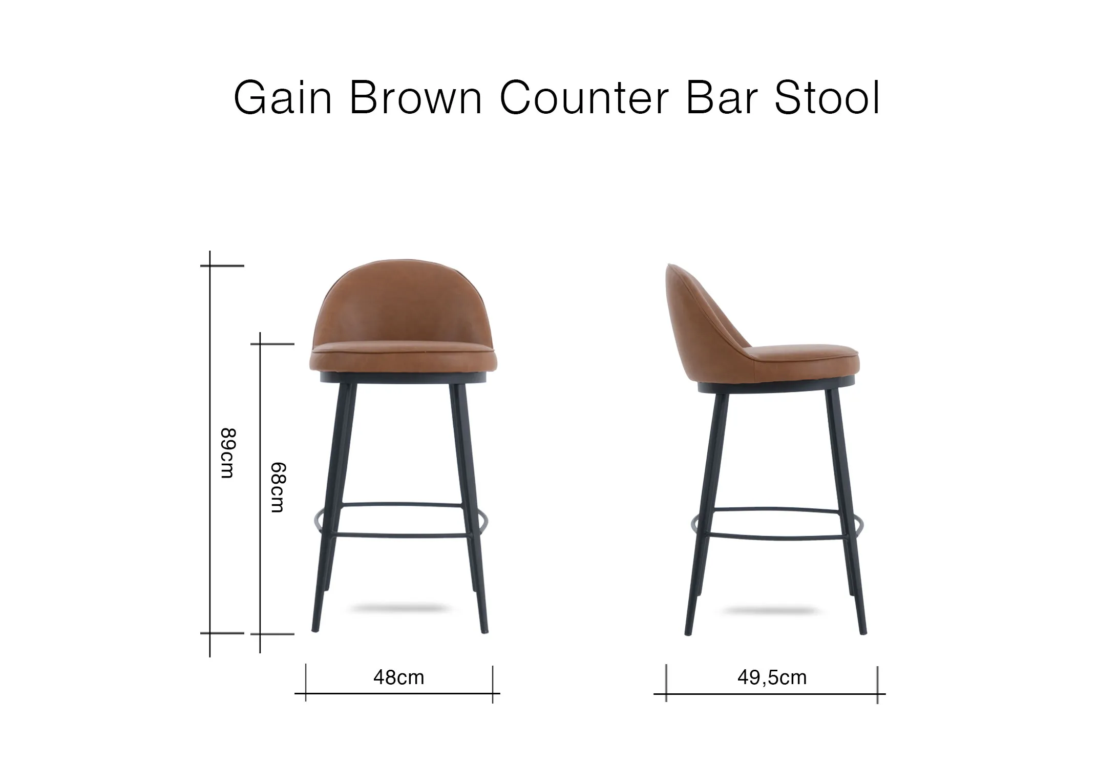 A dimension image of the Gain Counter stool with 48cm x 49.5cm x 89cm x 68cm