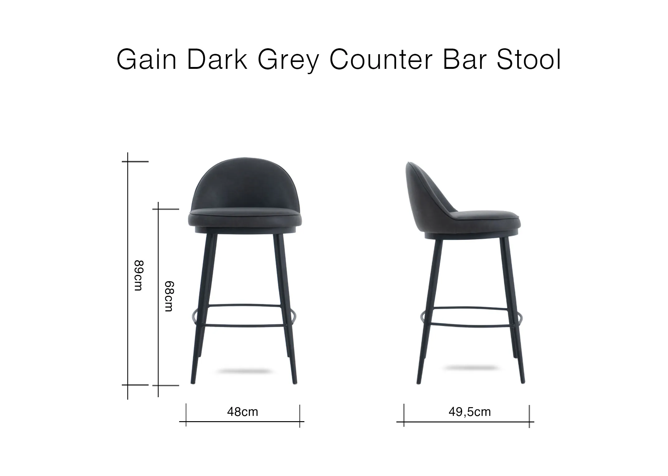 A dimension image of the Gain Counter stool with 48cm x 49.5cm x 89cm