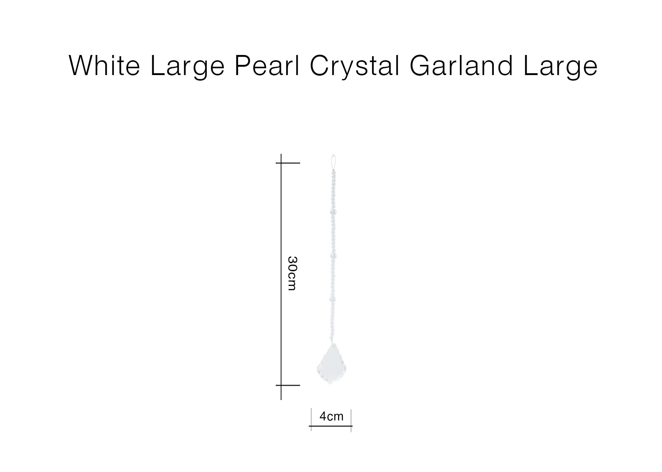 A large white pearl crystal garland measuring 30 cm in length and 4 cm in width at its widest point.