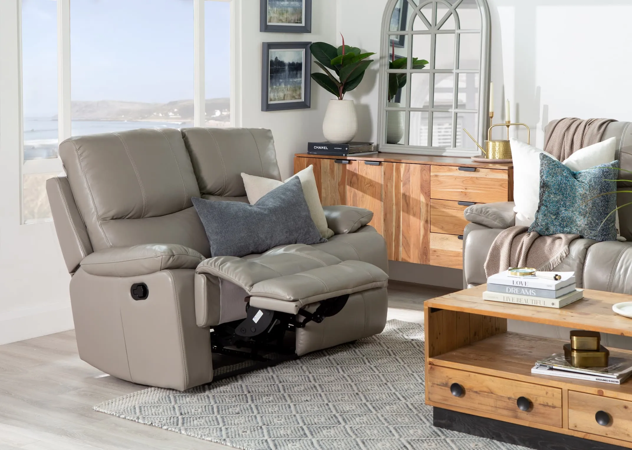 2 Seater Grey Leather Power Reclining Sofa - Groove