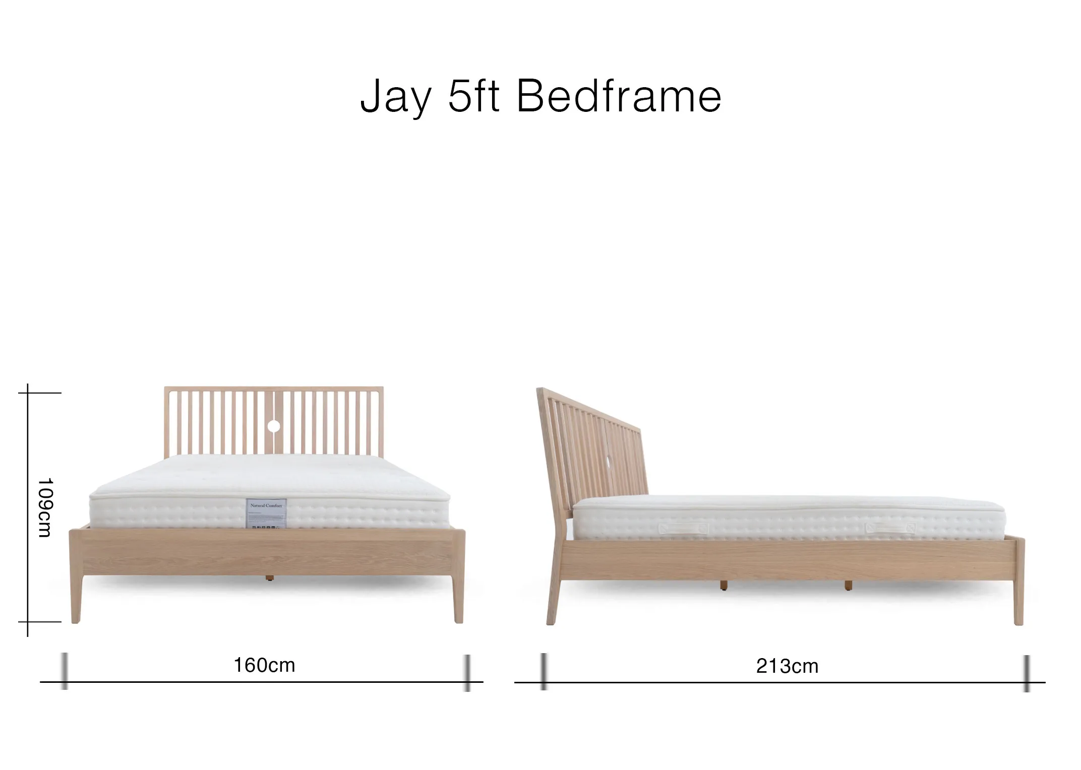 A dimension image of the Jay 5ft bedframe with 160cm x 213cm x 109cm
