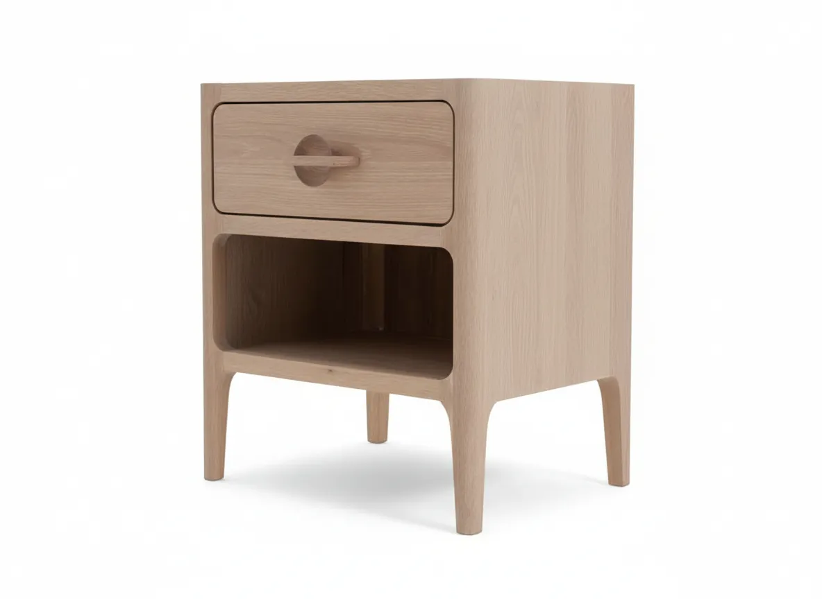 A white oak locker with a drawer and lower shelf from EZ Livings Jay range. Angled view.