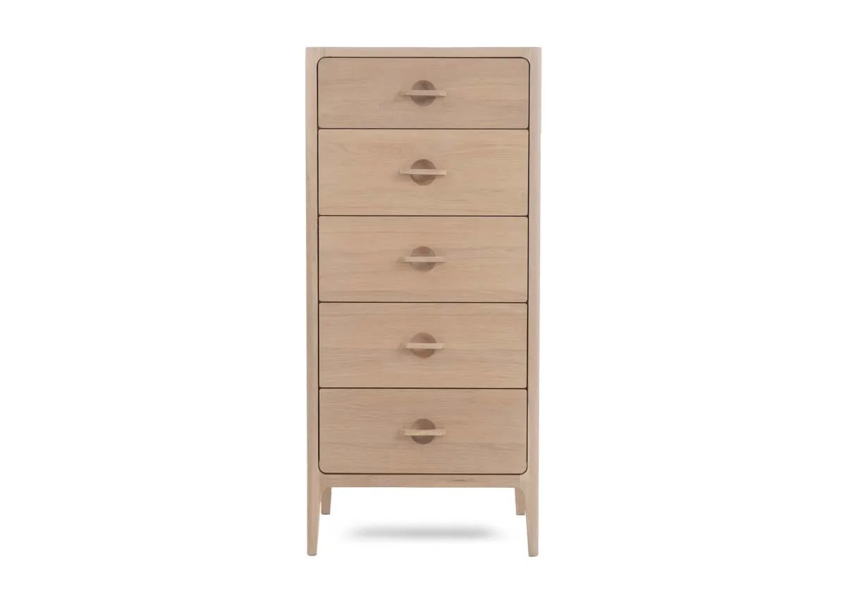 A dimension image of the Jay 5 Drawer tallboy with 58cm x 126cm