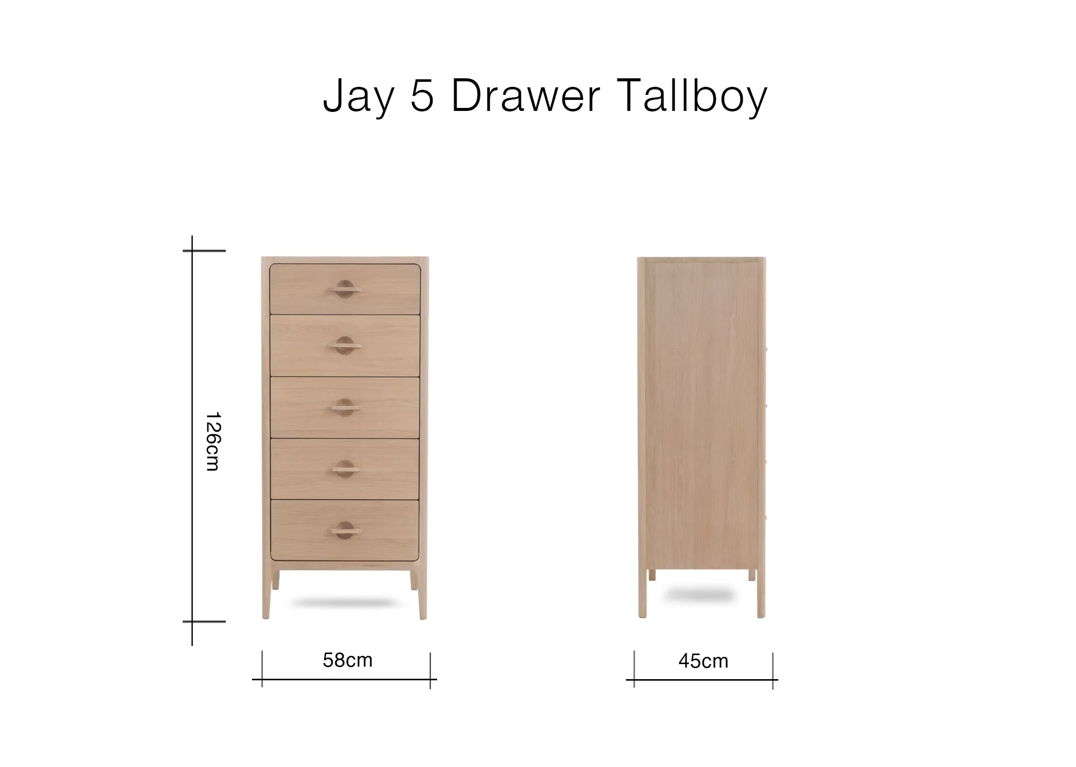 A dimension image of the Jay 5 Drawer tallboy with 58cm x 126cm