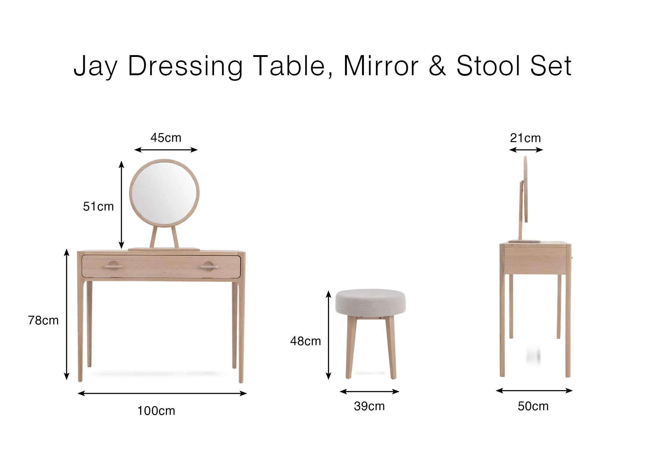 A dimension image of the Jay Dressing Table with 100cm x 78cm x 50cm
