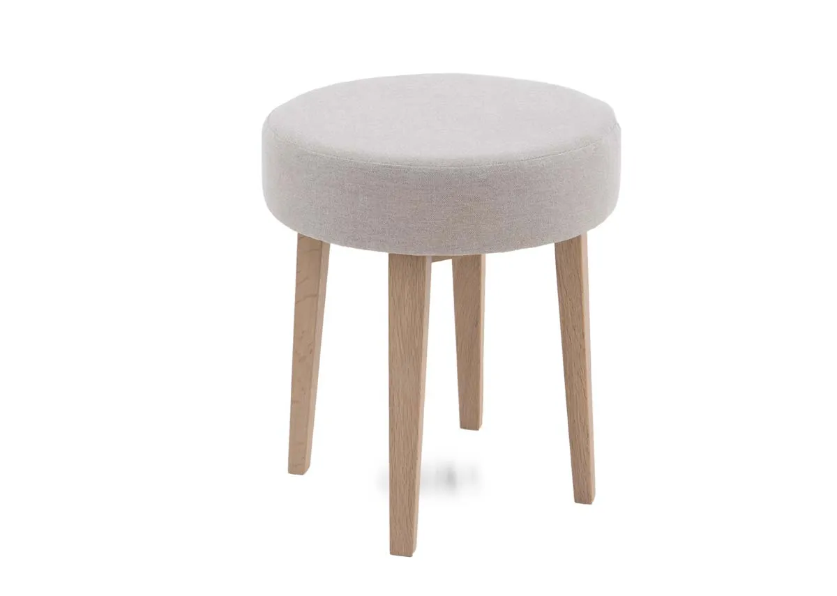 A grey fabric stool with oak legs for the Jay dressing table.