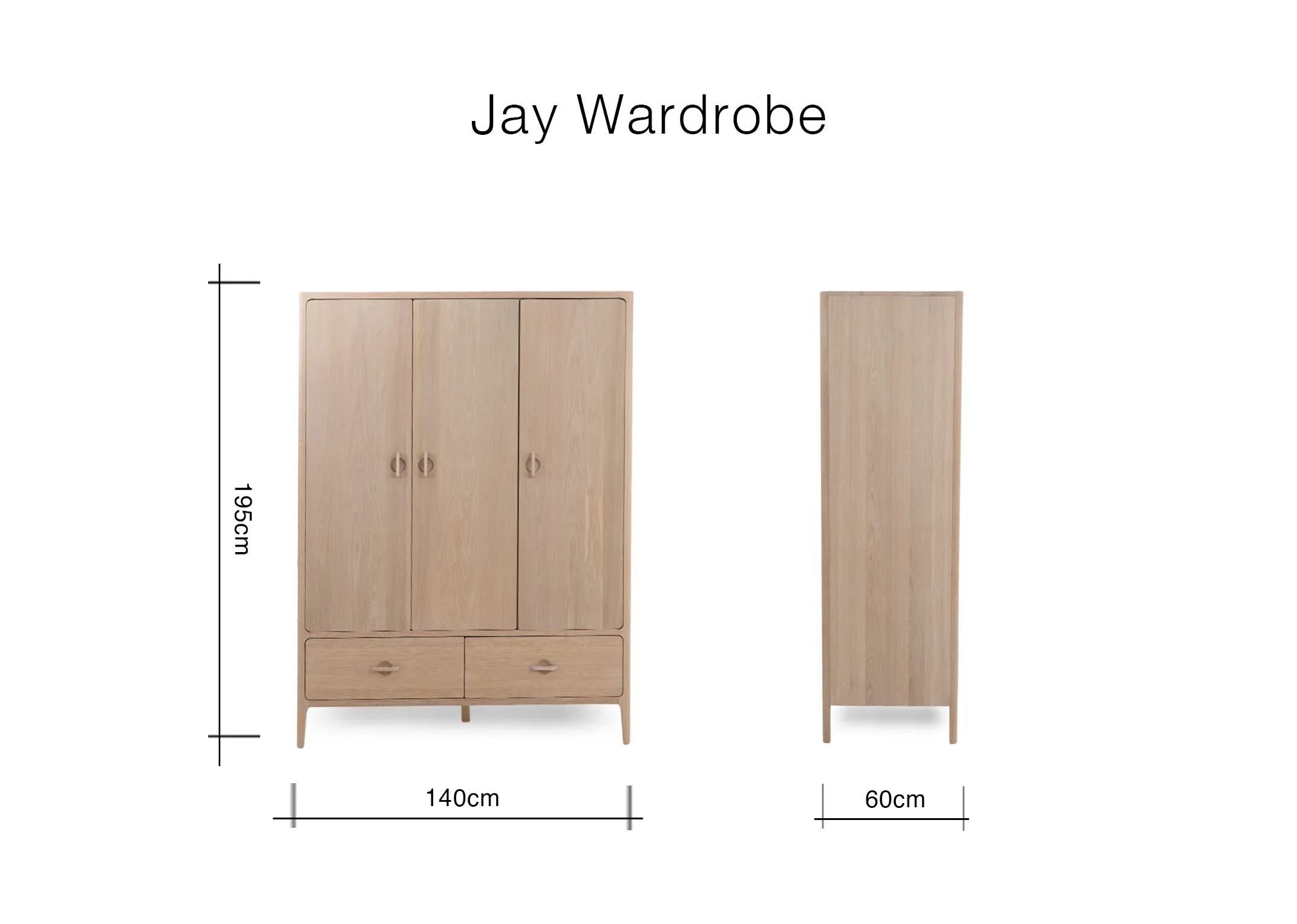 A dimension image of the Jay wardrobe with 140cm x 60cm x 195cm