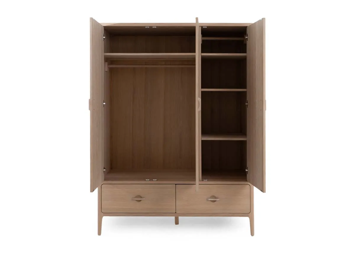 A front view of the Jay 3 door 2 drawer wardrobe with doors open showing 5 shelves and hanging space.