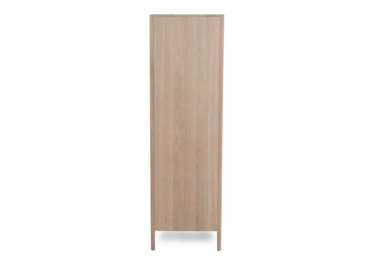A side view of the Jay 3 door 2 drawer wardrobe showing wood finish.