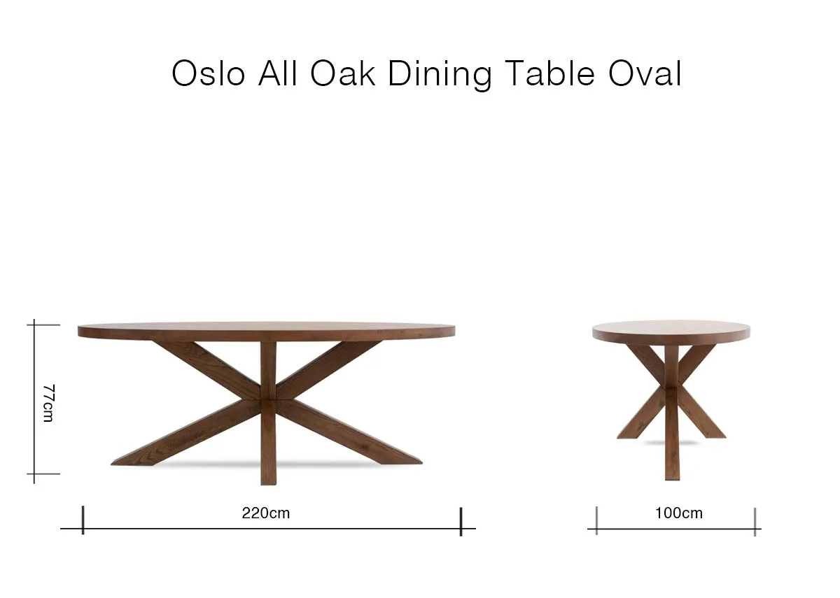 A dimension image of the Oslo Oval table with 220cm x 77cm x 100cm