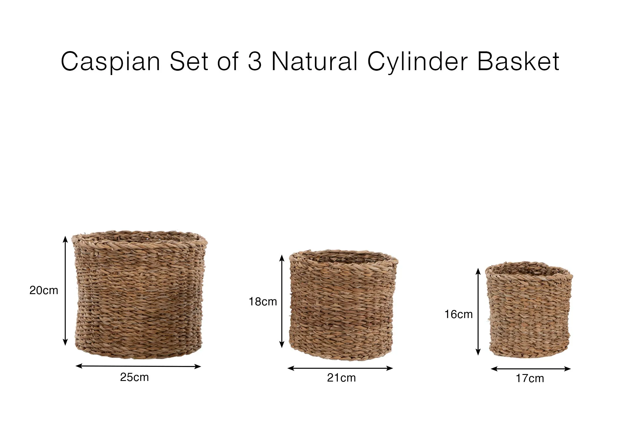 A dimension image of the Caspian Set of 3 Baskets with 17-25cm x 16-20cm