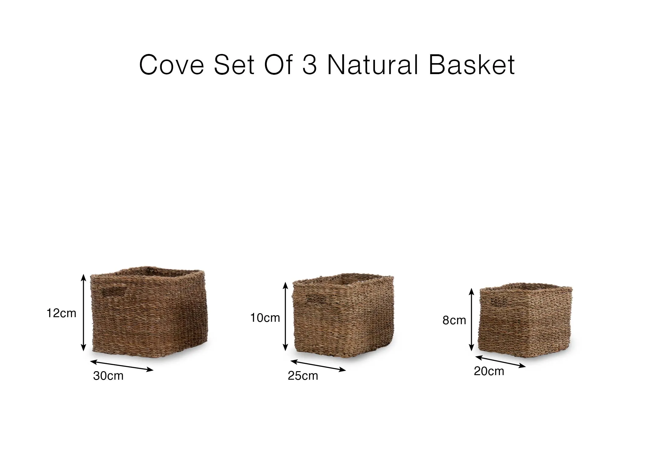 A dimension image of the Cove Set of 3 baskets with 20-30cm x 8cm - 12cm