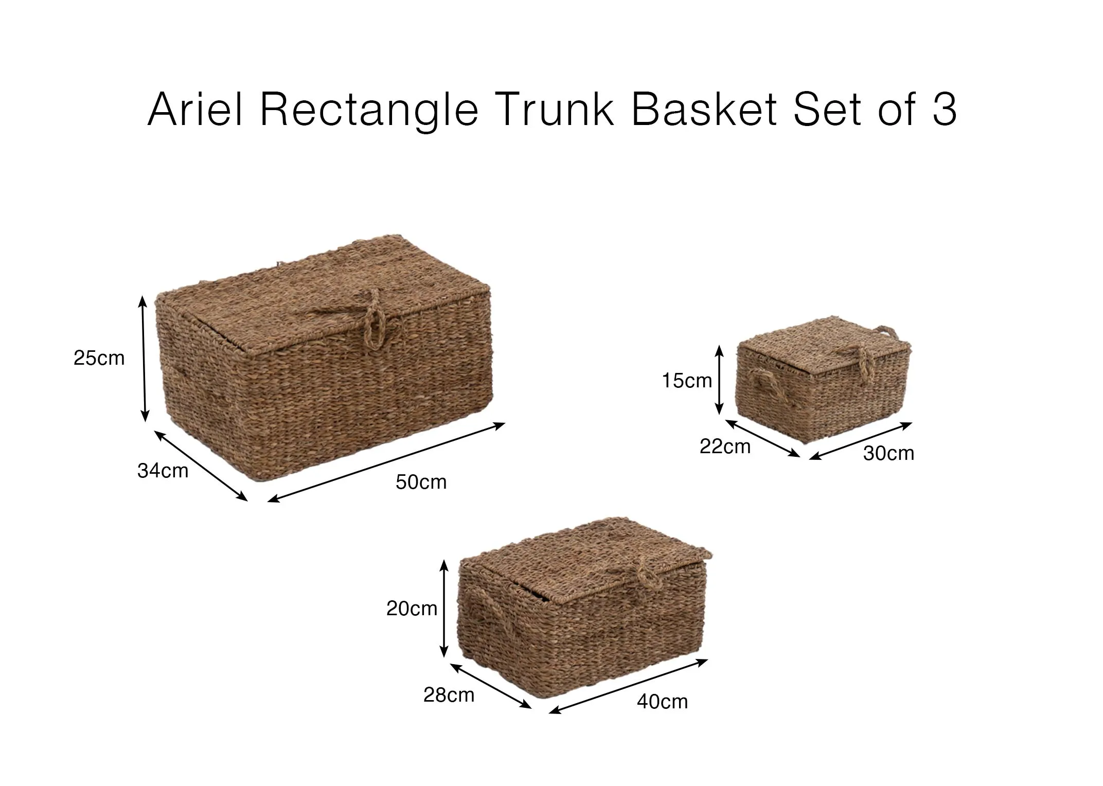 A dimension image of the Set of 3 Ariel Baskets with 30cm-50cm x 15cm - 25cm x 22cm - 34cm