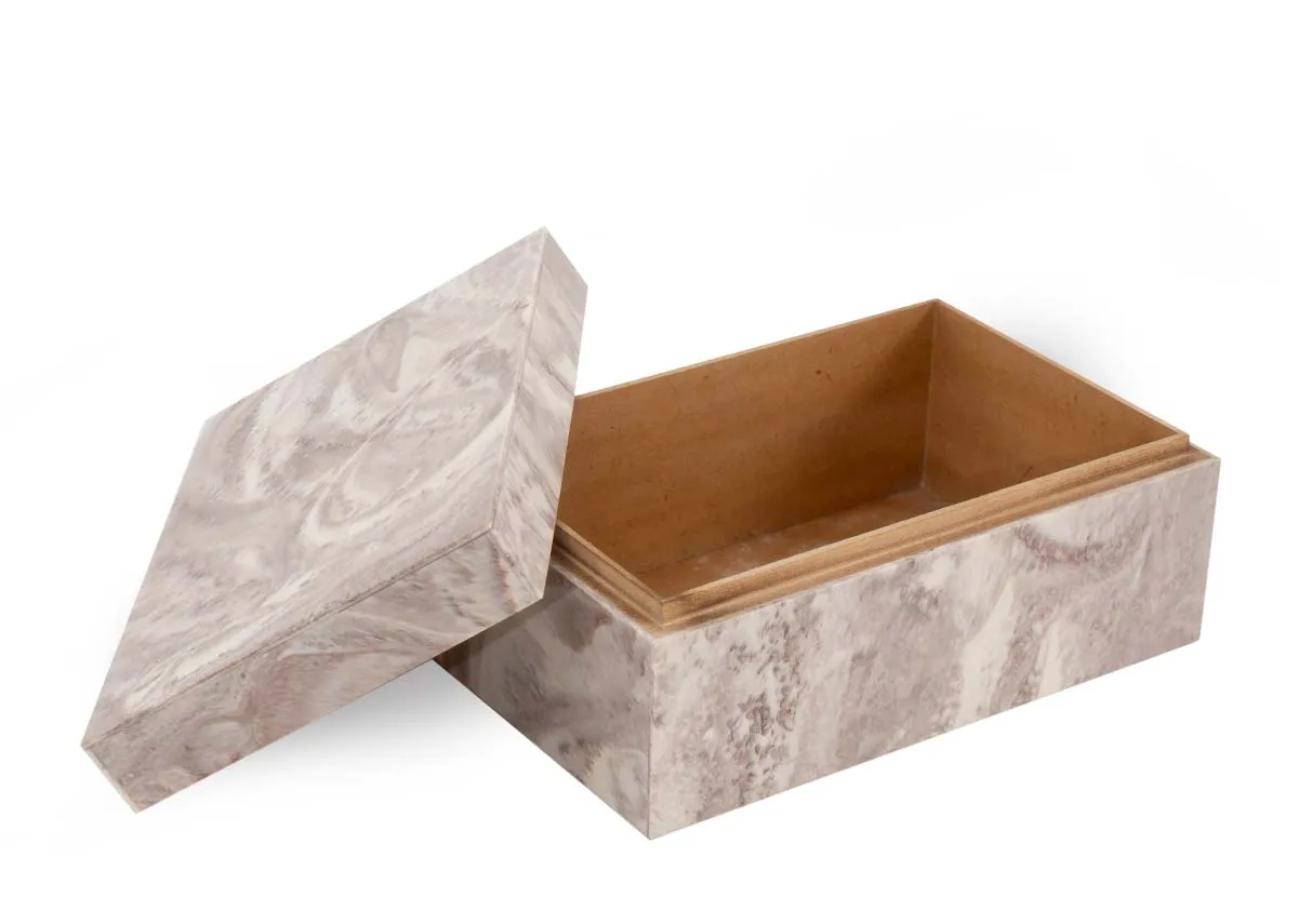 A brown and white marble deco box from EZ Livings Scarlet range. Angled view of box with lid off showing storage.