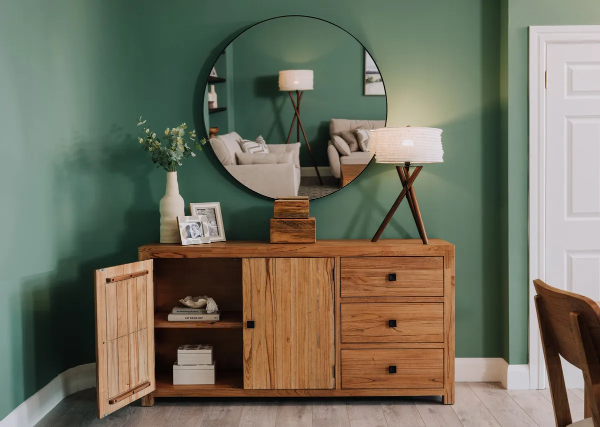A lifestyle image of the Outback sideboard with Elling mirror.
