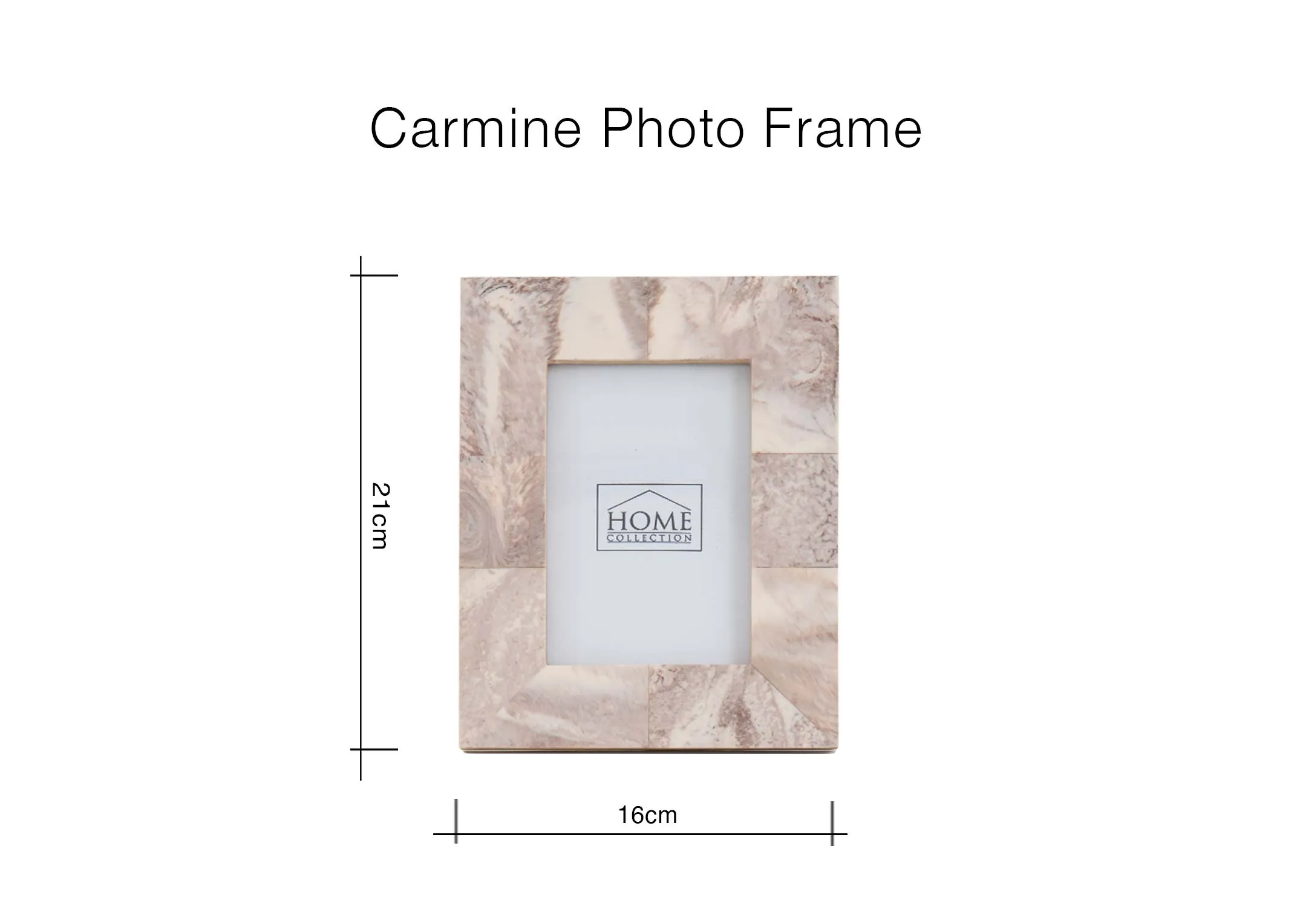 A dimension image for the Carmine Photo Frame with 16cm x 18cm