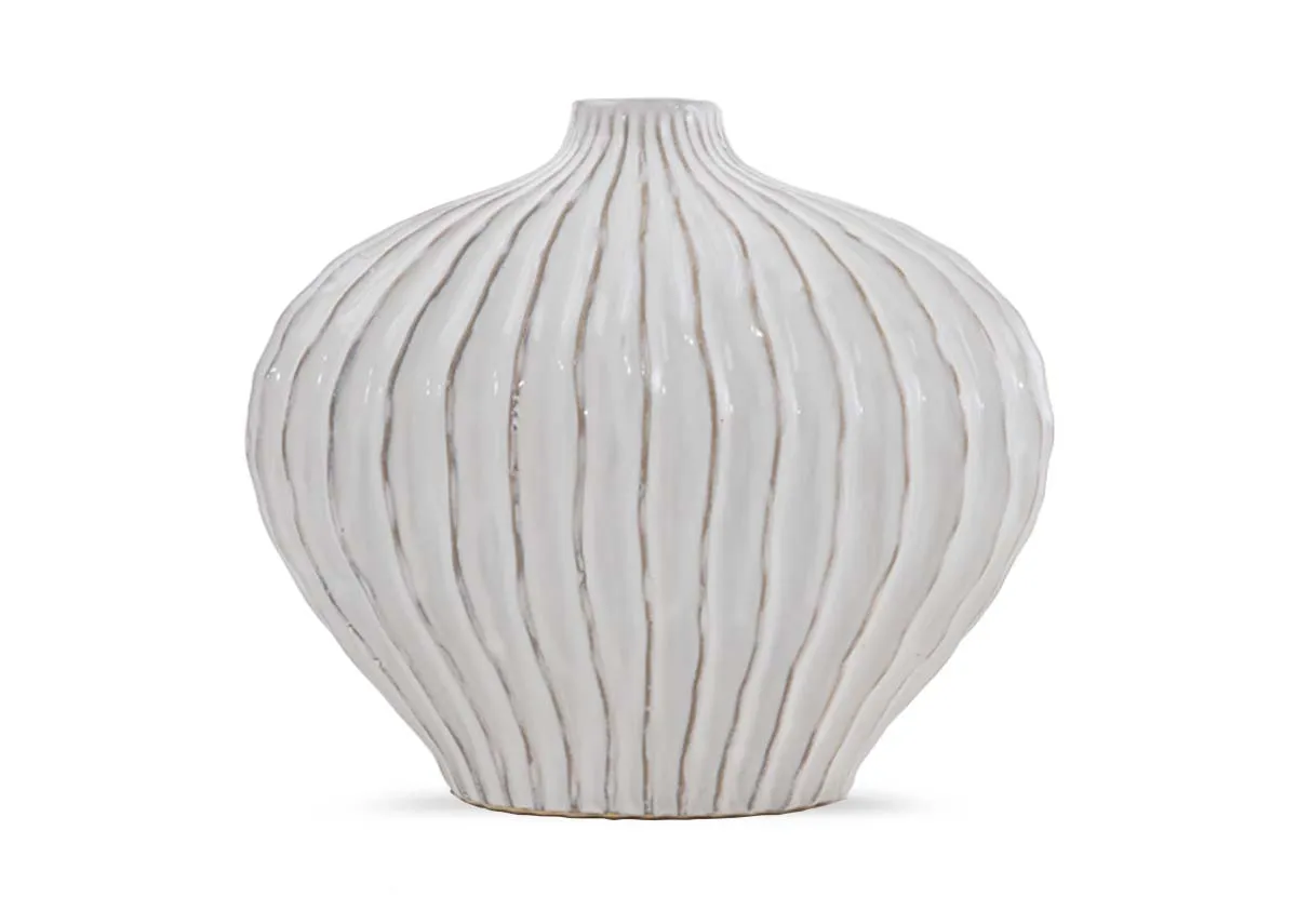 An off white bulb shaped vase from EZ Livings Lorito range. Front view