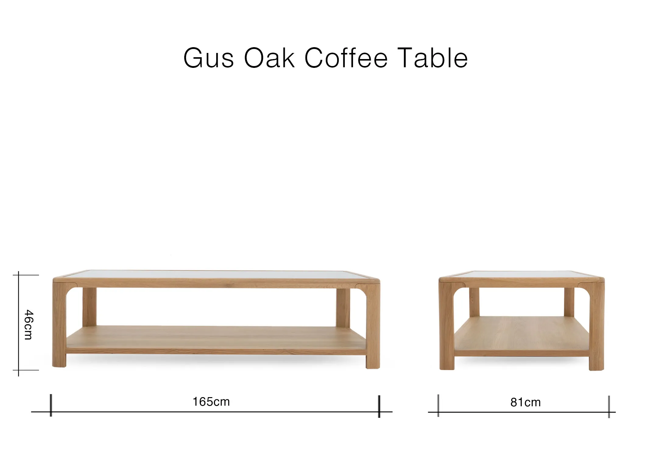 A dimension image of the Gus coffee table with 165cm x 81cm x 46cm