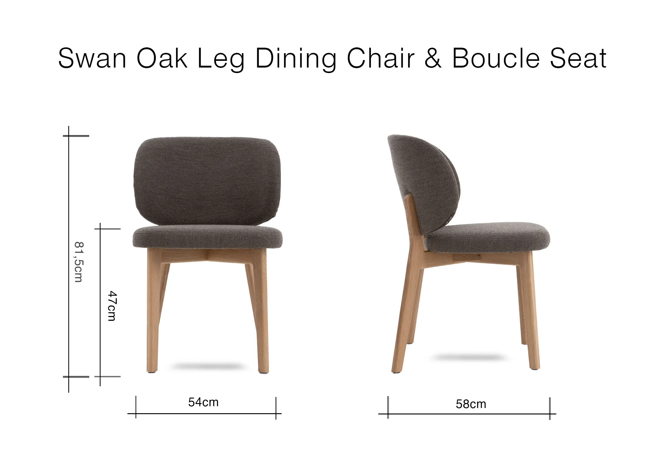 A dimension image of the Swan Oak Leg dining chair with 58cm x 54cm x 81cm