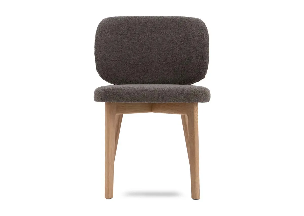 A taupe brown dining chair from EZ Livings Swan range. Front view of oak legs