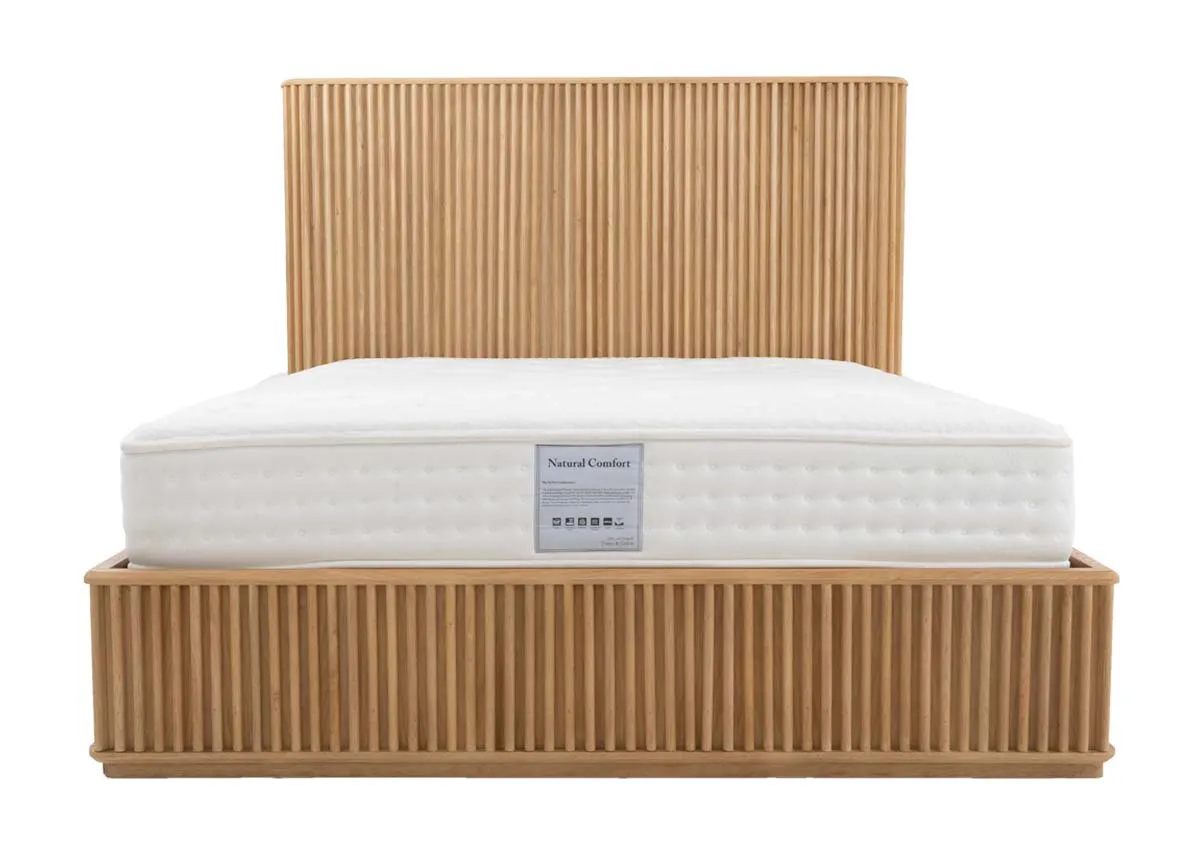 A natural oak bedframe with slatted base and headboard from EZ Livings Bradley range.Front view of bed with mattress not included