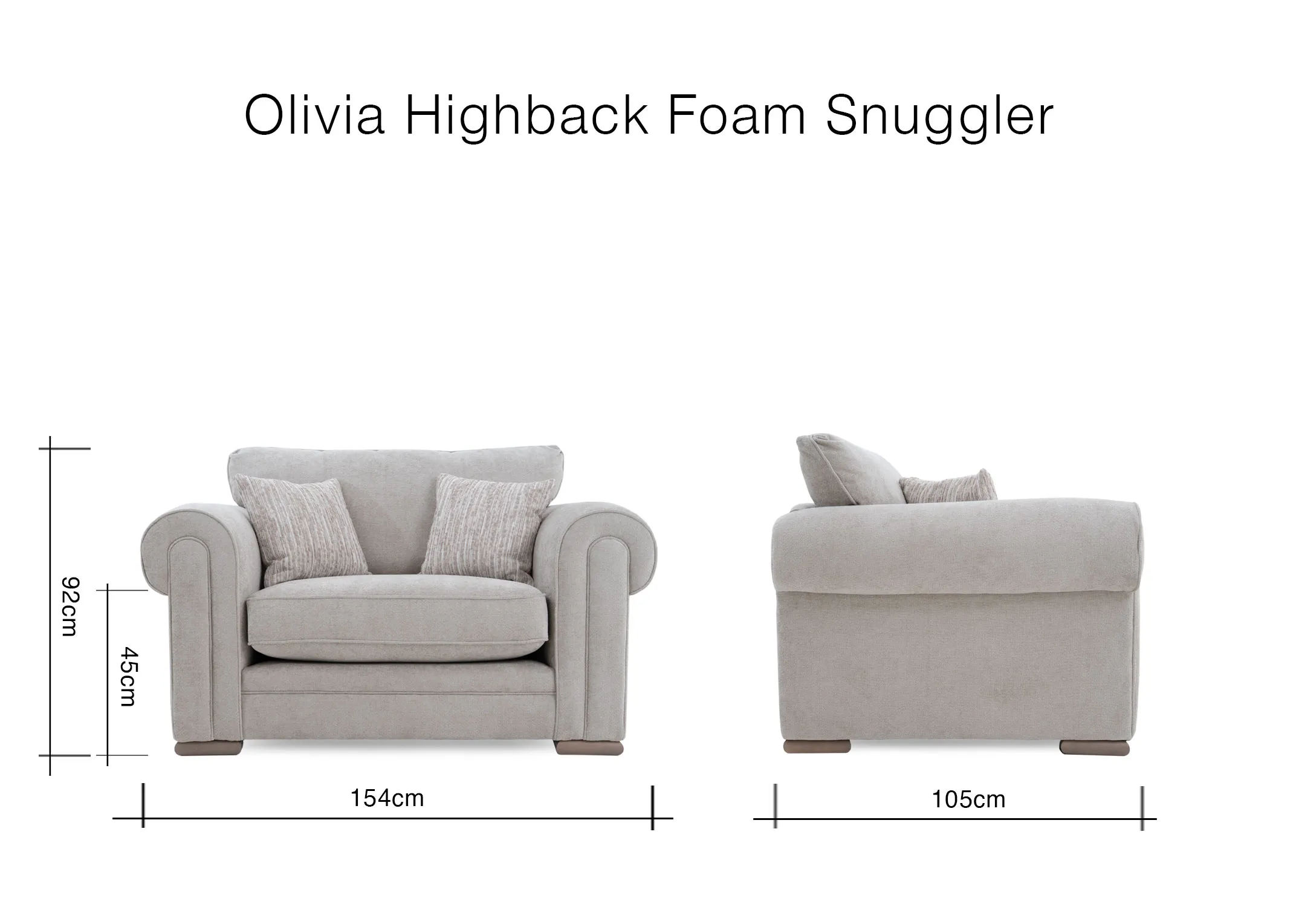 A dimension image of the Olivia Snuggler with 154cm x 105cm x 92cm