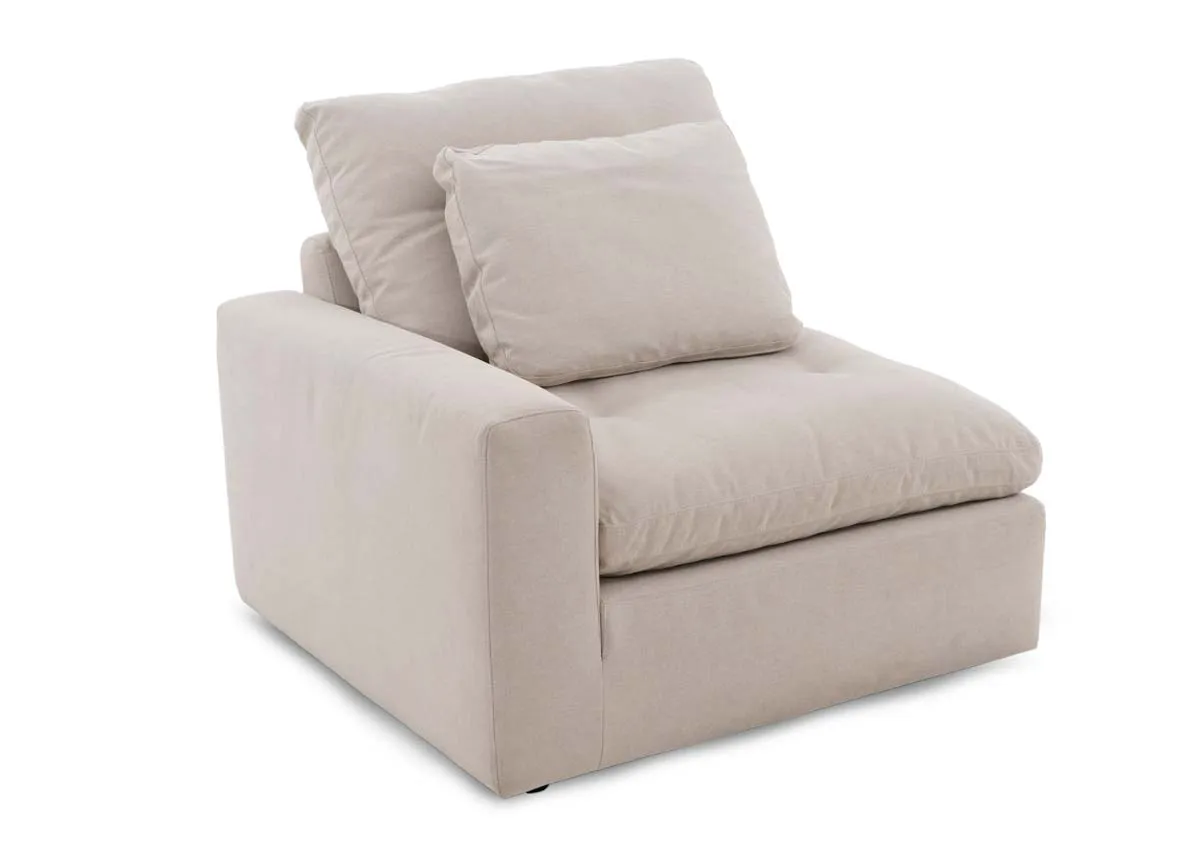 A beige fabric LAF unit from EZ livings Cozy range. Angled view.