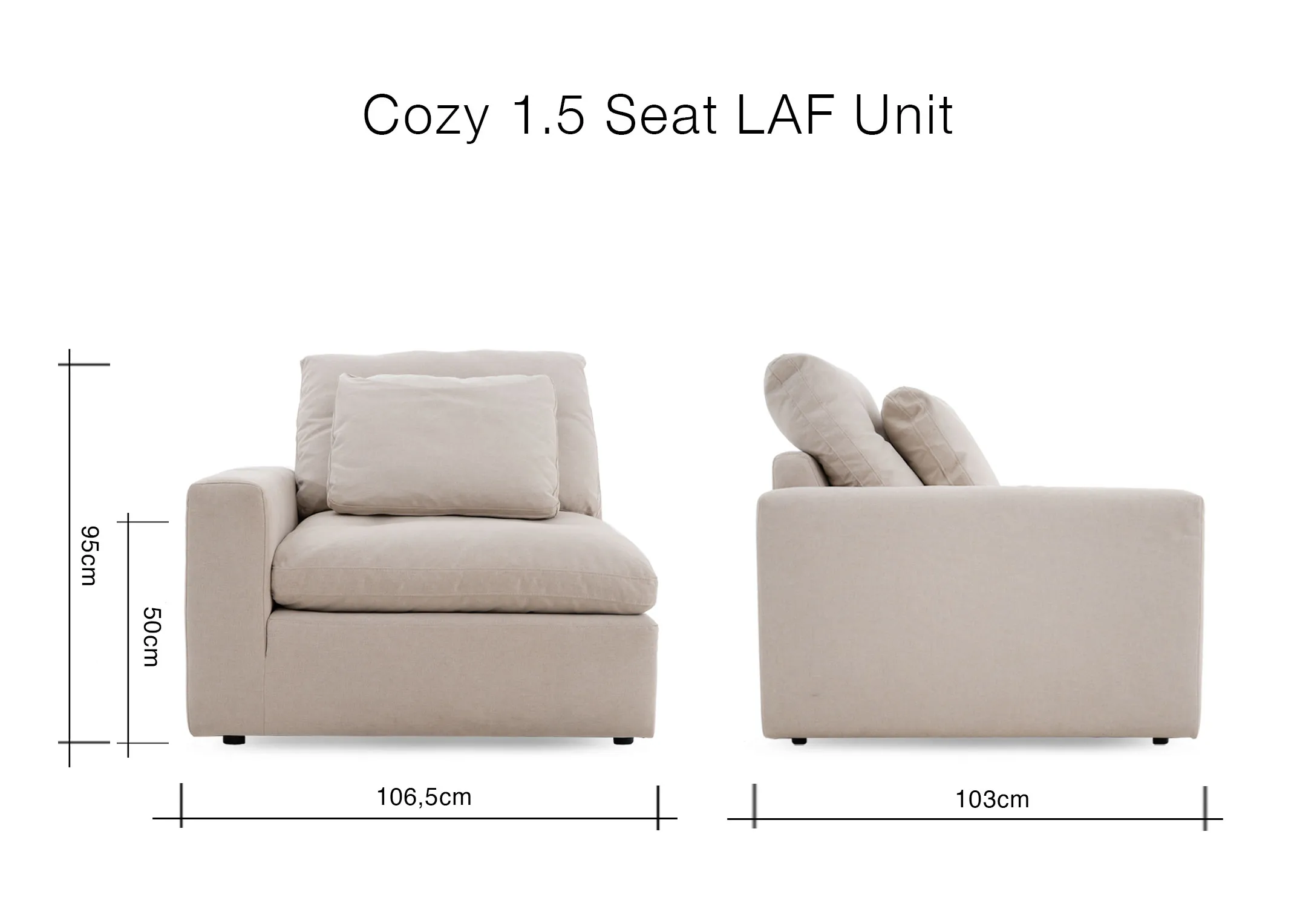 A dimension image of the Cozy 1.5 LAF unit with 106.5cm x 103cm